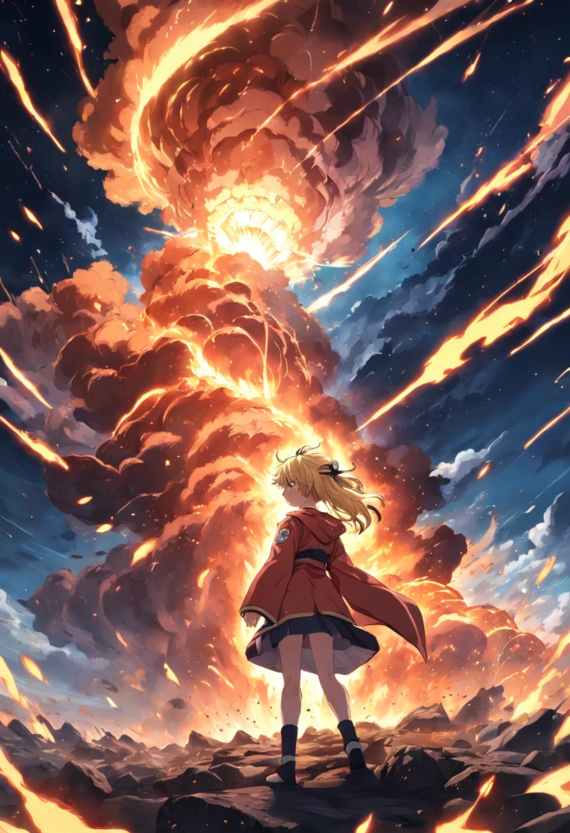 Lost control, anime landscape, full power, fire hurricane, super sayajin, explosion, battlefild, star.