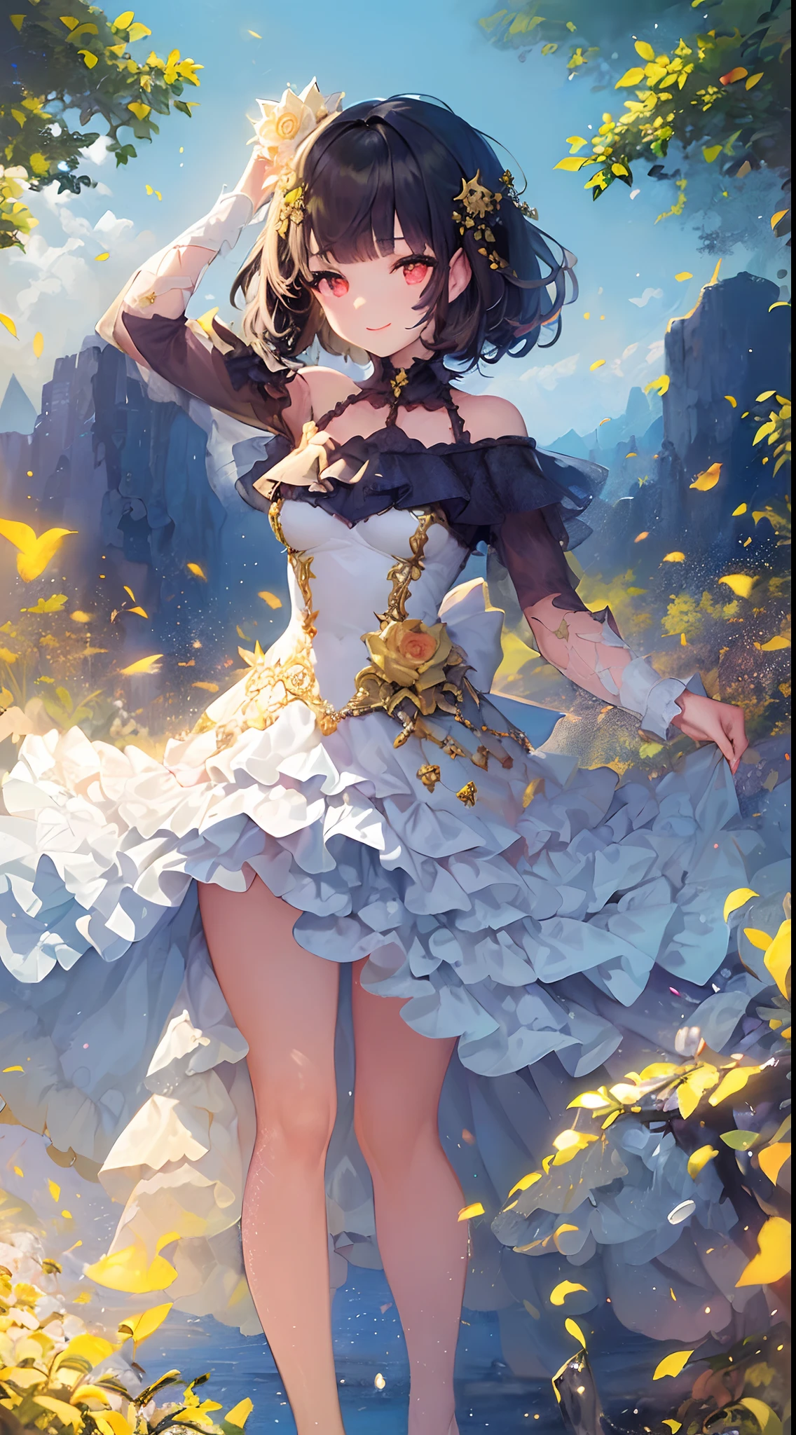 (masterpiece),((top-quality)),(offcial art),(Beautiful and indulgent:1.2),(1girl in:1.3),Cheerful smile ,((Bobcut beauty)),White Dress,Detailed drawing。Vibrant colors。colourfull、highestdetailed ((ultra-detailliert)),(Highly detailed 2D illustrations),((Extremely delicate and beautiful))Super Detail