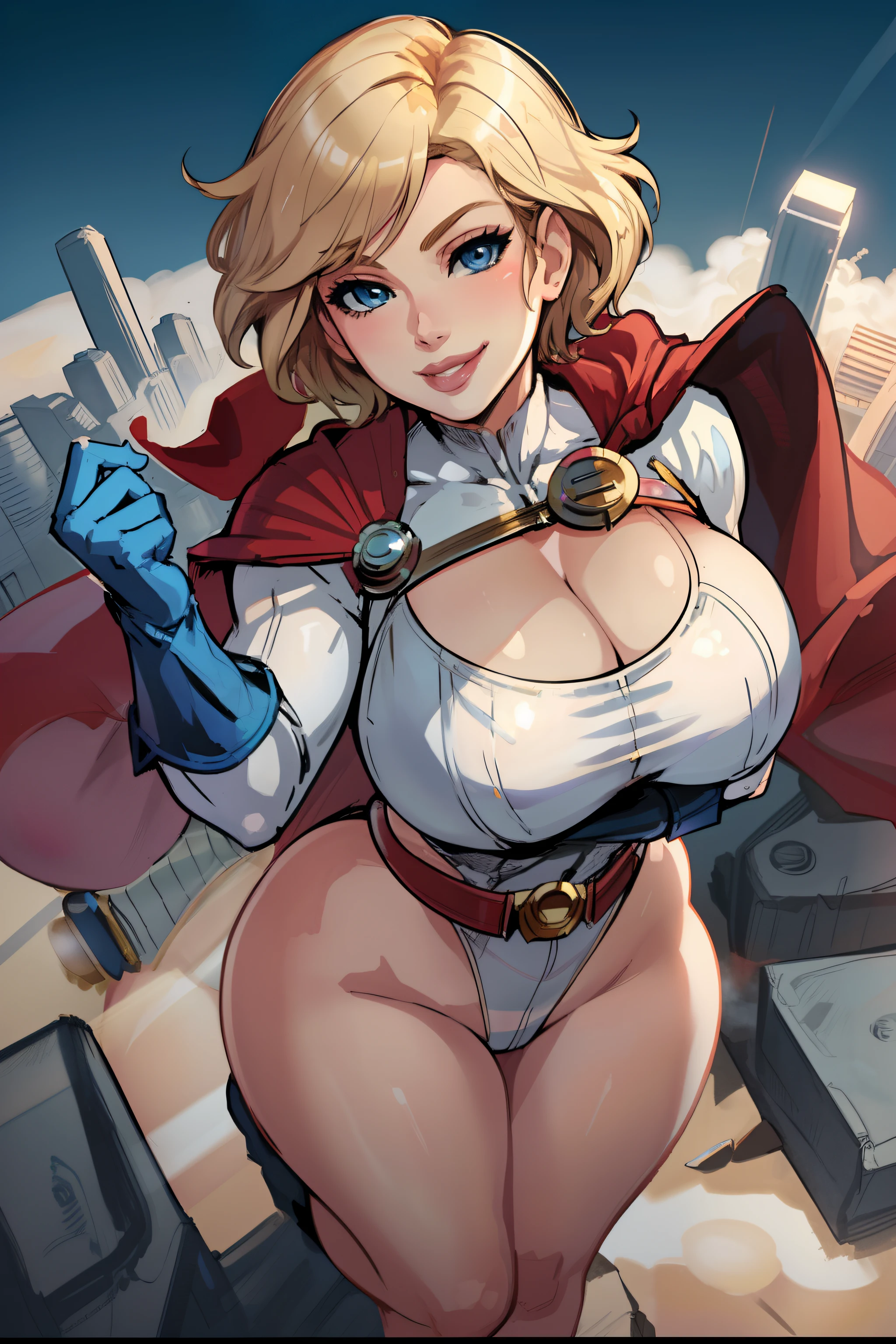 power girl, lips,Smile, Cleavage cutout, center opening, belt, blonde hair, blue eyes, cape, cleavage, blue gloves, highleg, white leotard, Short hair, 1girl, full - body, Masterpiece, Best Quality,