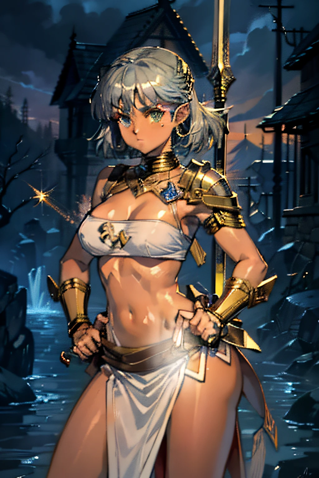 Imaginie uma guerreira amazona de pele morena, vestida com uma imponente armadura feita de ferro e obsidiana preta. Sua armadura cobre todo o corpo, highlighting his strength and dexterity. Seus cabelos longos caem em cascata em torno de seus ombros, adding a touch of femininity to her powerful appearance. in her hands, She wields a battle spear made of gleaming silver, com uma ponta afiada de obsidiana preta. The spear is an extension of his skill and determination in battle. Para completar seu visual, ela usa brincos e colares, that add a touch of elegance and style to your fierce appearance. This Amazonian warrior in anime format is an imposing and courageous figure, pronta para enfrentar qualquer desafio que surja em seu caminho.