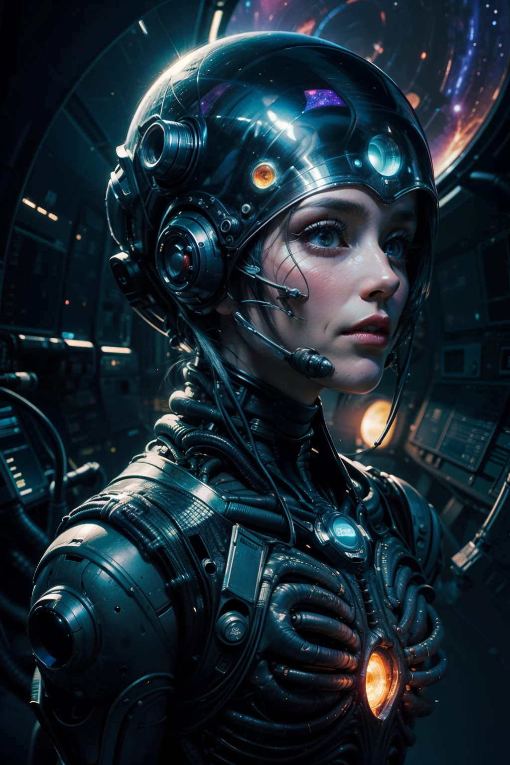 Fantasy Technical Diagram, Info graphic, Chart of A Cosmic Anatomical Beautiful Alien Cyberpunk Android head, Info Graphic, Scientific, Data Diagram, Nervous System, Galaxy, Radioactive Colors, Midnight Aura, Ultra Detailed, ((H.R. Giger)), Max Ernst, Thomas Kinkade, Robert Gonsalves, Dark Galaxy Background.