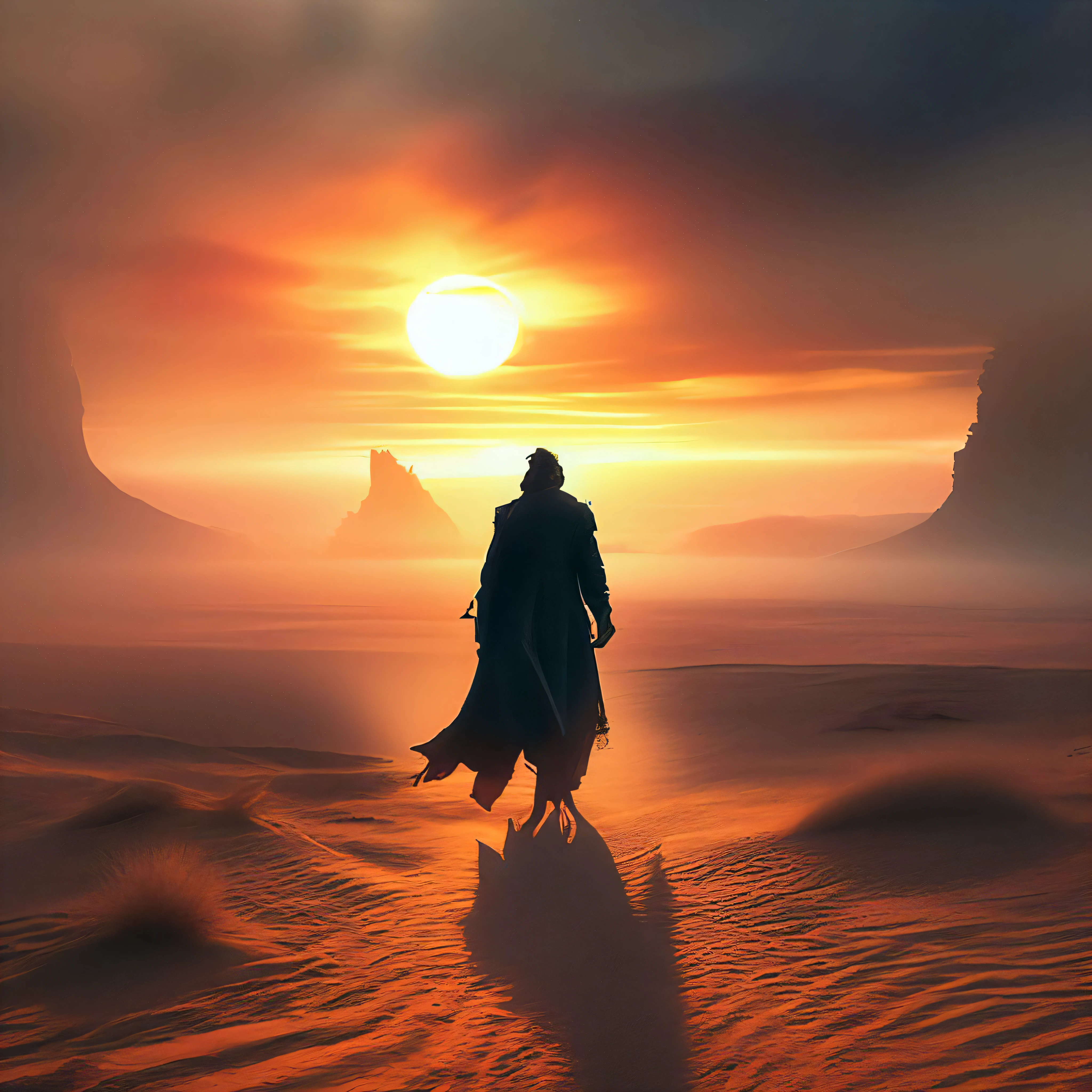 Araff walking in the desert at sunset with his dog, Somewhere in the sands of the desert, Desert Nomad, Wandering through the desert landscape, In the movie "2 0 2 1 Dune", In the movie "Dune", 8K HD Wallpapers Digital Art, HD wallpapers for your phone, A fantasy about a sandy desert, walking in a desert, HQ 4K Phone Wallpaper, Wallpapers for HD phone, In the Dune
