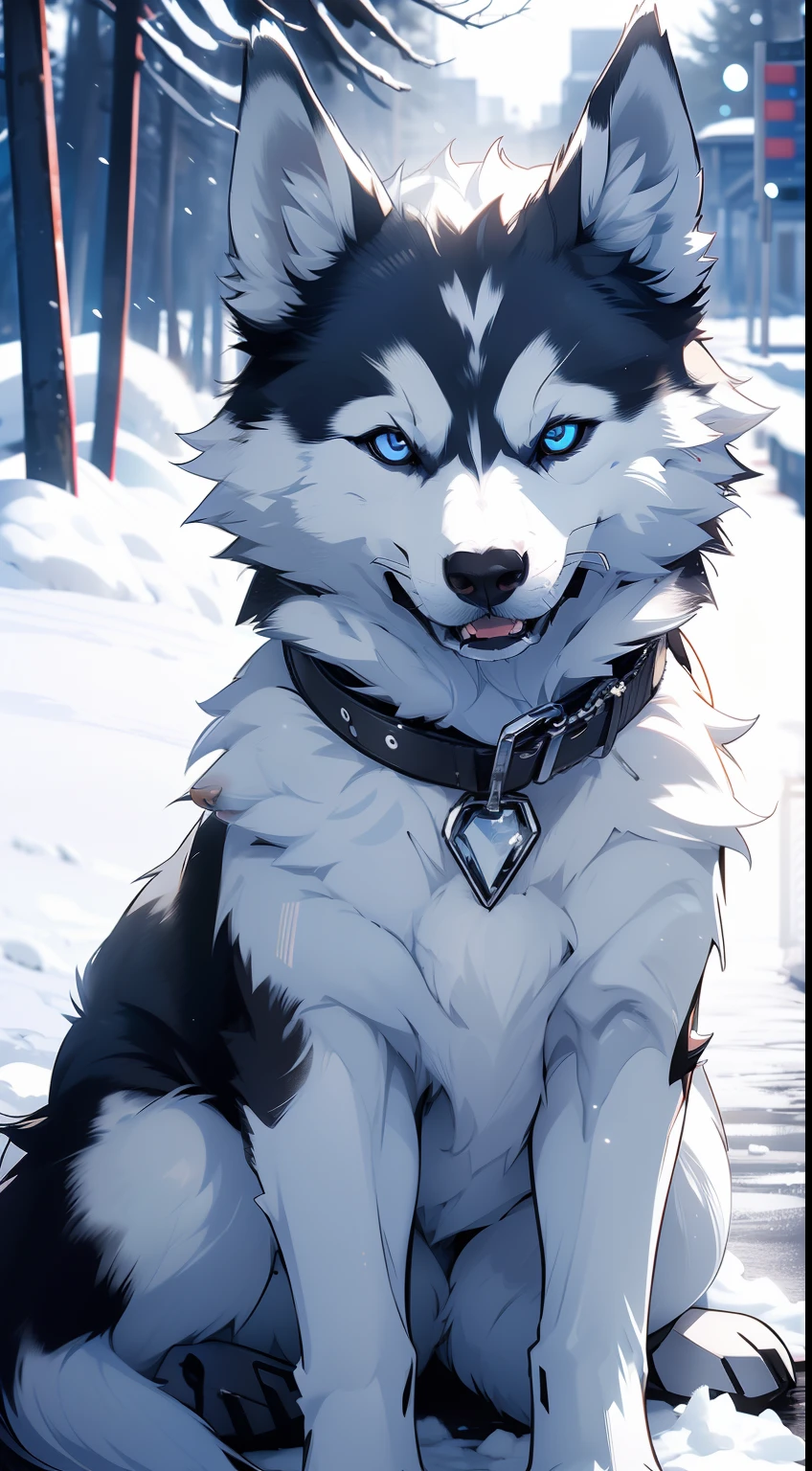 a photo of a husky sitting in the snow, (masterpiece), best quality, ((husky)), cute, cold, snow, no_humans, animal, sitting, furr, dog focus,close up,4k, raw photo, realistic, black and white fur,