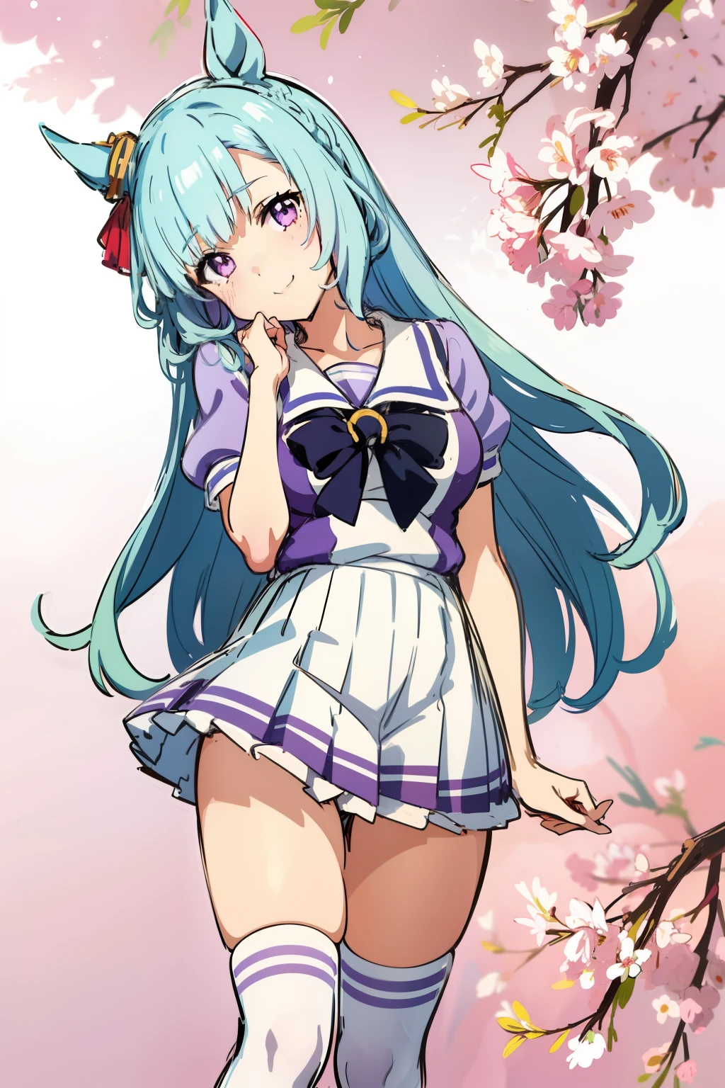mejiro ardan \(Umamusume\),(Chibi,sketch,anime colours,close-up,Head tilt,:1.2),standing split,tracen school uniform, Summer uniform, serafuku, Puffy Short Sleeves, purple bowtie, Horseshoe ornament, Sailor collar, sailor shirt, Purple shirt, White skirt, Pleated skirt, frilld, Miniskirt, zettai ryouiki, white thigh highs, Brown Footwear, lowfers,medium breasts,A smile,thighs thighs thighs thighs,