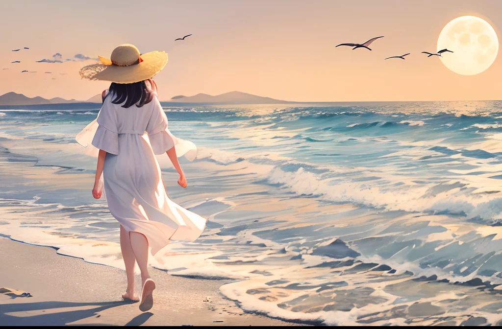 Woman in white dress strolling on beautiful white sandy beach、Straw hats are about to be blown away by strong winds, And she hurries to hold it by the hand. Background/// The beautiful sea is a shallow beach with waves..... The white sand beach is beautiful with corals and shells. Mountains like Diamond Head across the ocean々々々々and yachts,Soft Focus , Bright gradient watercolor , Dreamy , background orange、evening、fullmoon