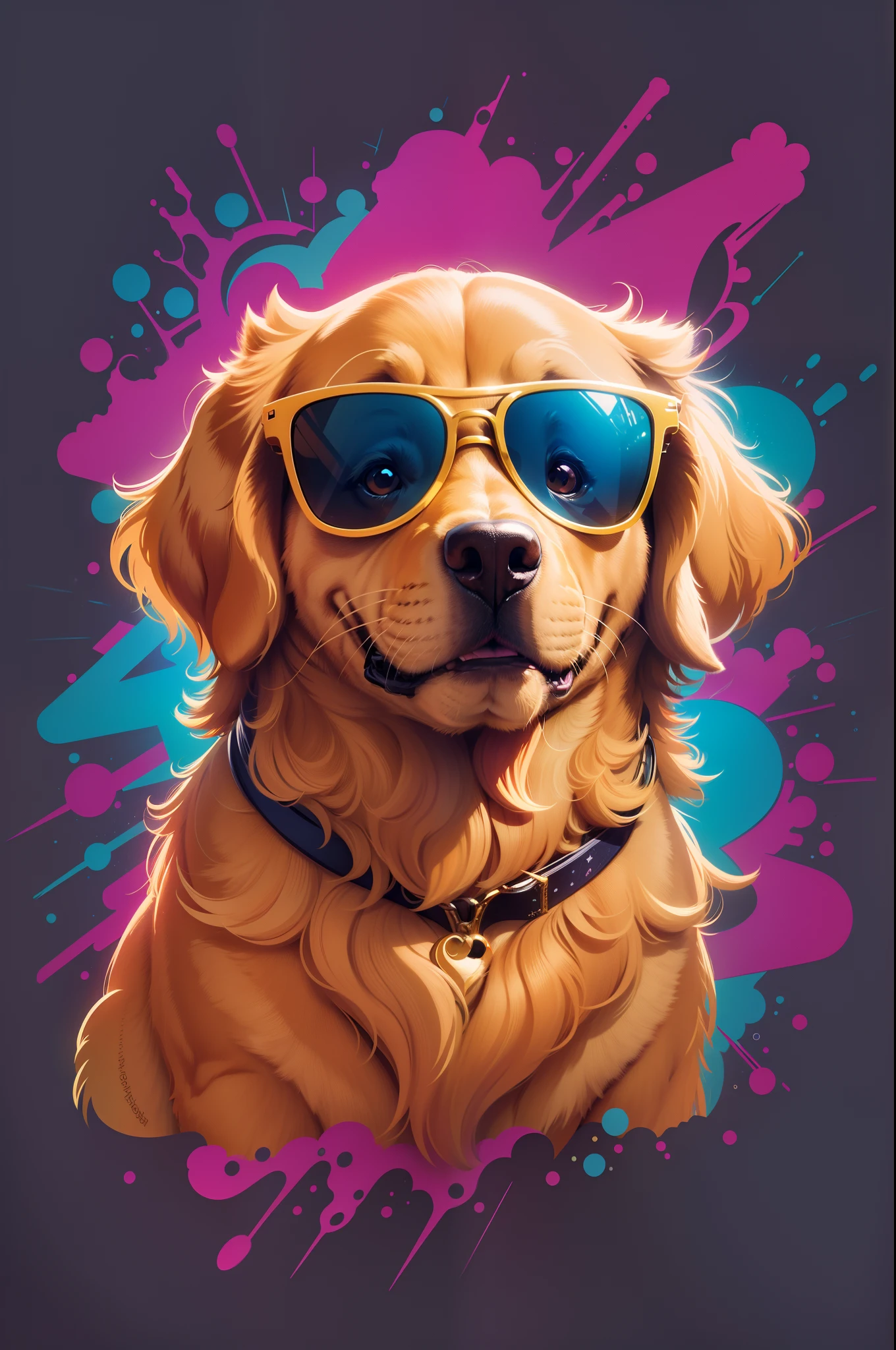 Un golden retriever genial con gafas de sol, Fondo de salpicadura, Lindo, Contorno, neon color, 2d, Vector, sticker, sencillo