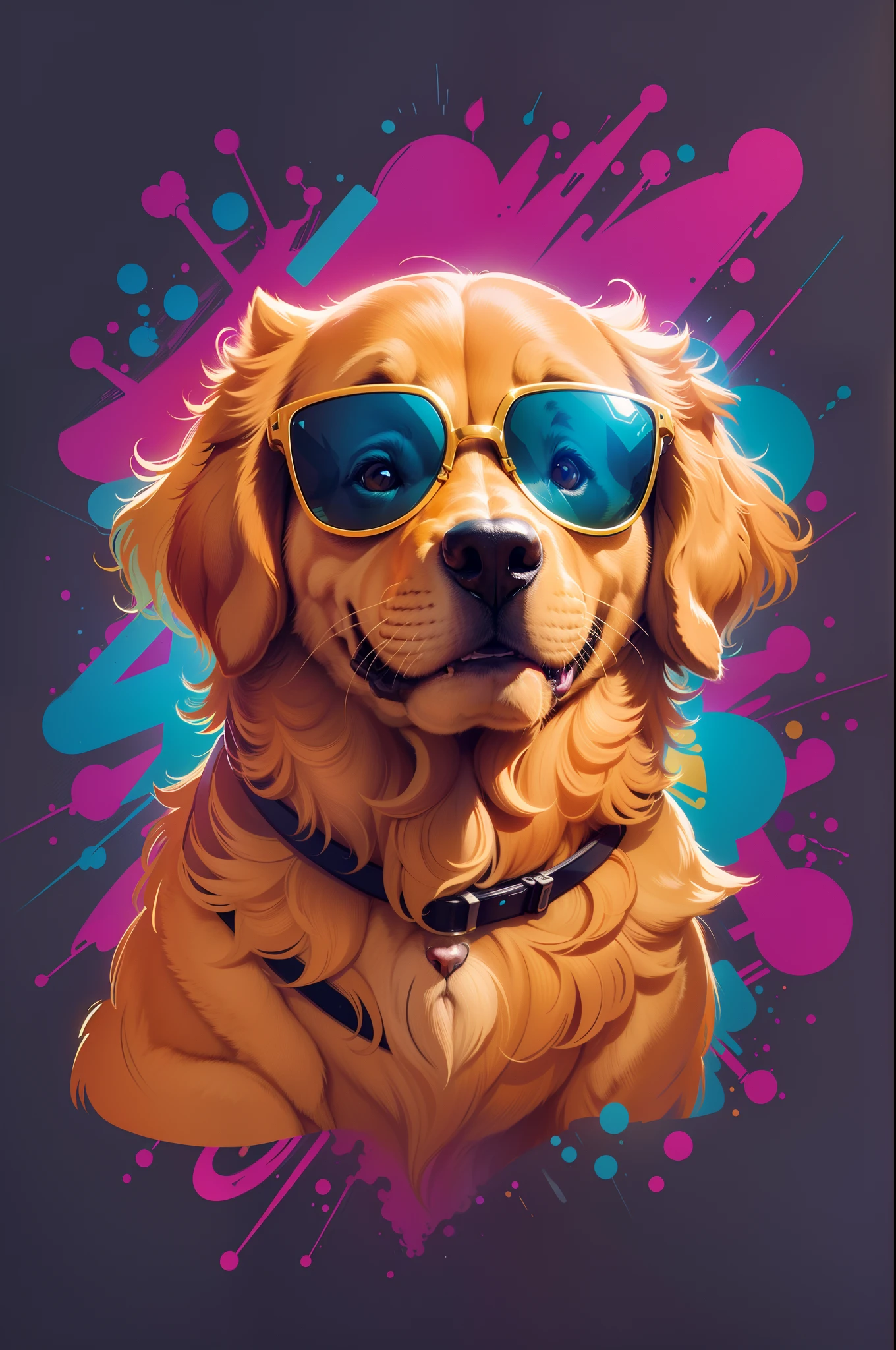 Un golden retriever genial con gafas de sol, Fondo de salpicadura, Lindo, Contorno, neon color, 2d, Vector, sticker, sencillo