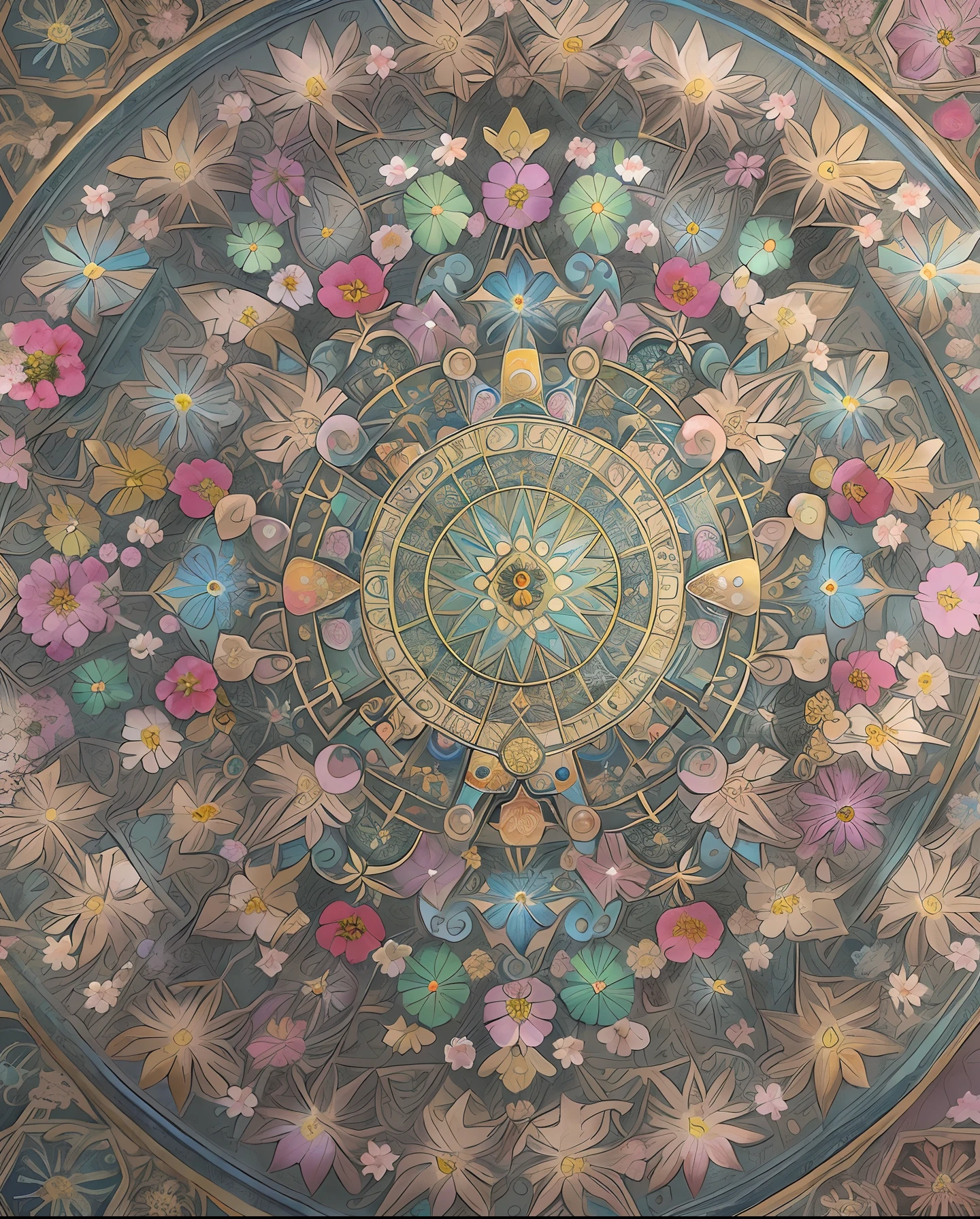 Array Special Effects Geometric and astrological central circular composition reproduced with flowers、Symmetrical and colorful、Recreated with ancient beautiful Buddhist mandala flowers、Print real pearls、Japan aesthetic masterpieces、top-quality、(the Extremely Detailed CG Unity 8K Wallpapers)、Flower mandalas、