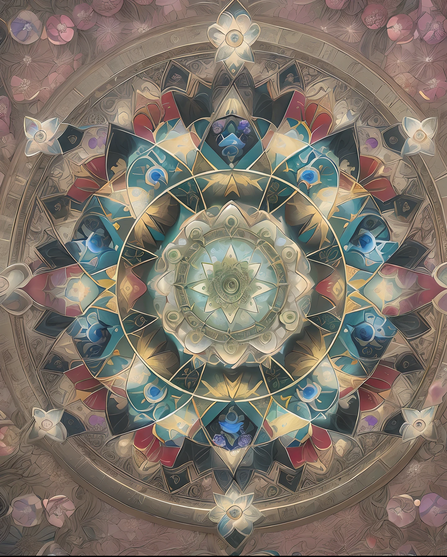 Array Special Effects Geometric and astrological central circular composition reproduced with flowers、Symmetrical and colorful、Recreated with ancient beautiful Buddhist mandala flowers、Print real pearls、Japan aesthetic masterpieces、top-quality、(the Extremely Detailed CG Unity 8K Wallpapers)、Flower mandalas、