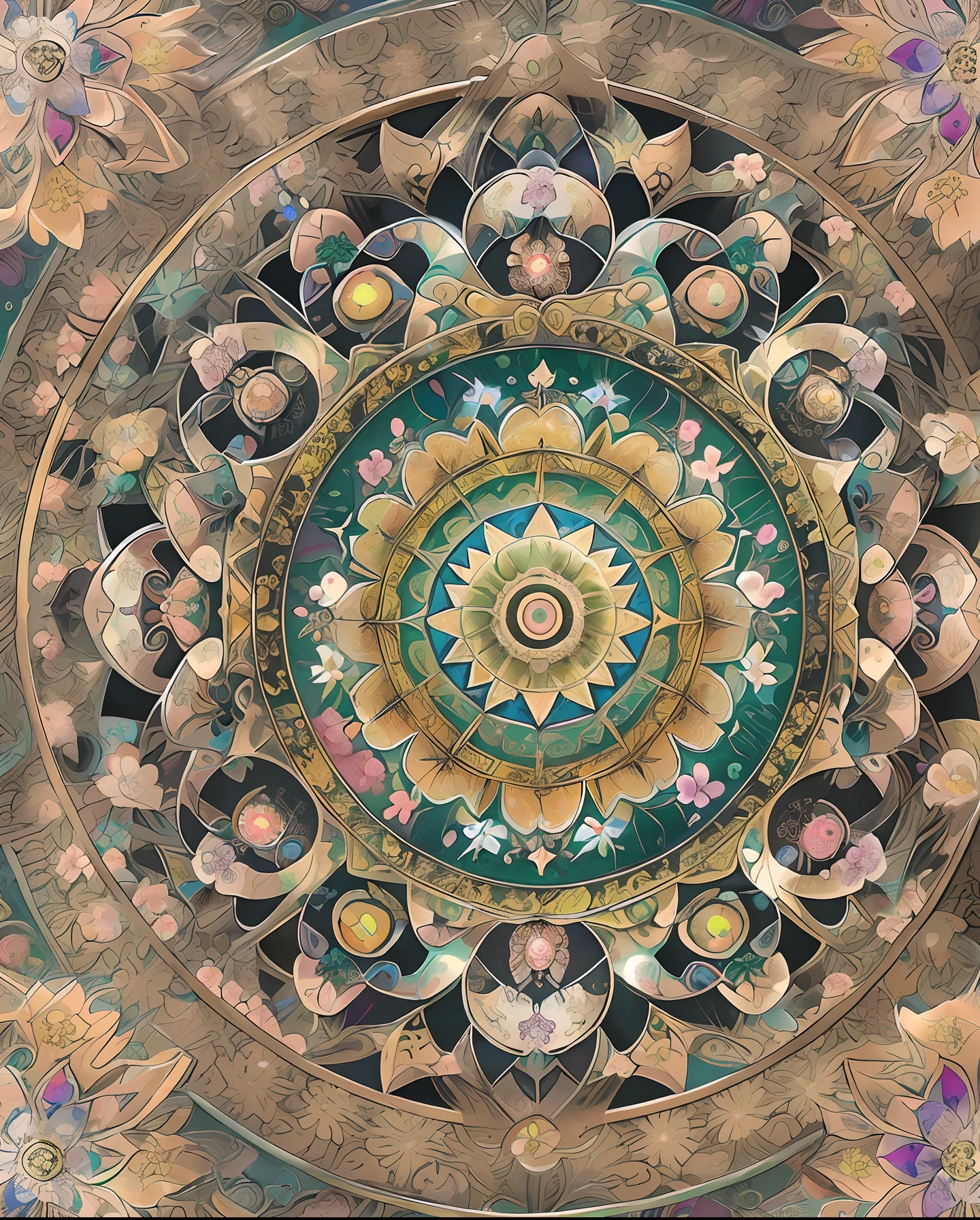 Array Special Effects Geometric and astrological central circular composition reproduced with flowers、Symmetrical and colorful、Recreated with ancient beautiful Buddhist mandala flowers、Print real pearls、Japan aesthetic masterpieces、top-quality、(the Extremely Detailed CG Unity 8K Wallpapers)、Flower mandalas、