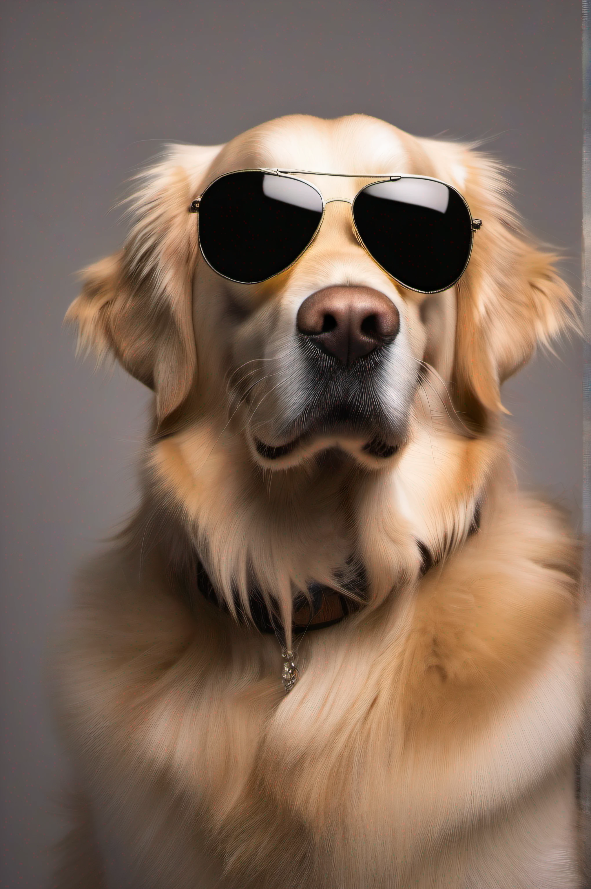 a high-quality studio photo of a golden retriever wearing sunglasses.