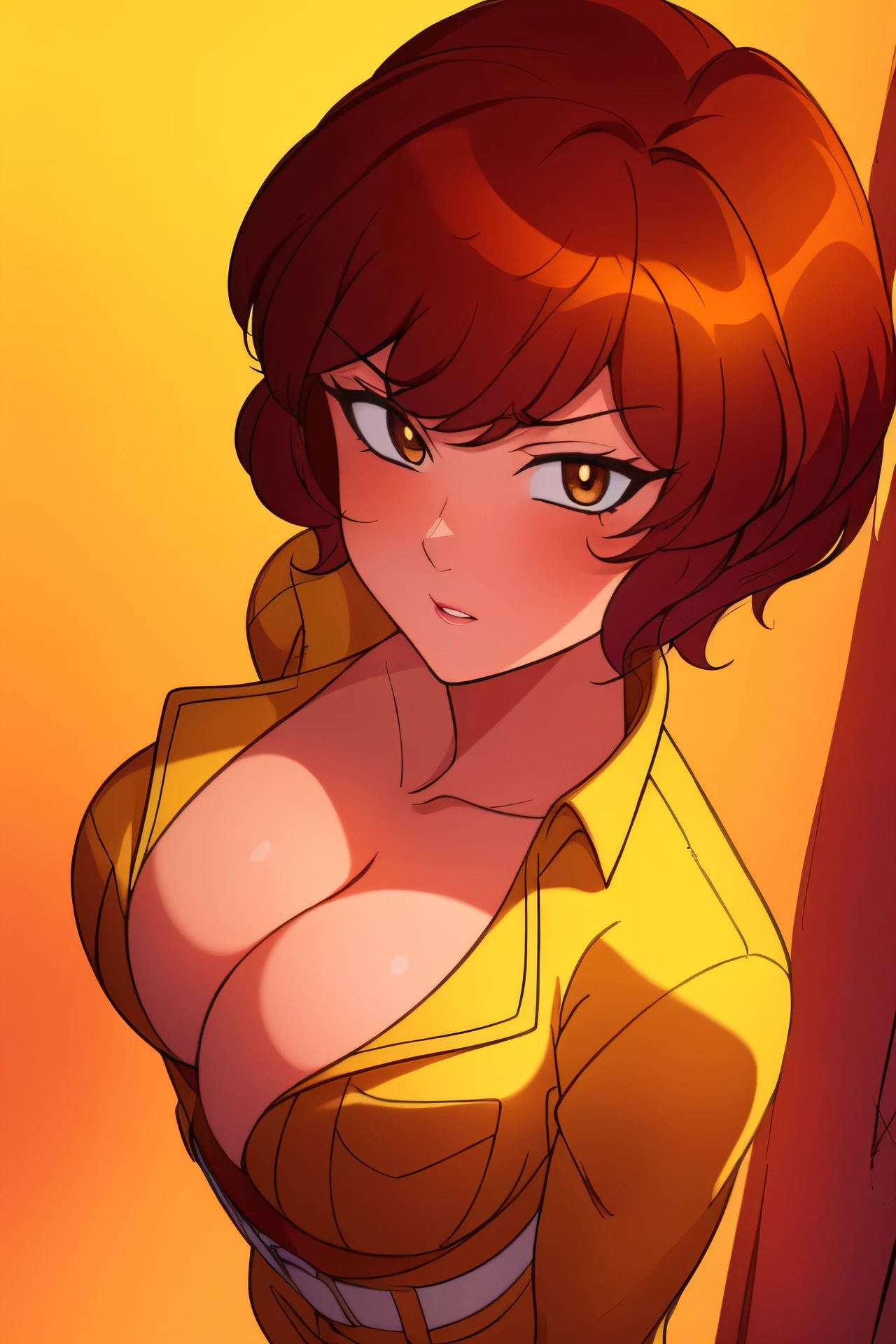 anime, aprnil, 1girl, solo, in a ((yellow jumpsuit)), short red hair, brown eyes, 8k, ((half-body)), cleavage, masterpiece, detailed face, smooth soft skin, big dreamy eyes, beautiful intricate colored hair, symmetrical, anime wide eyes, soft lighting, concept art, digital painting,