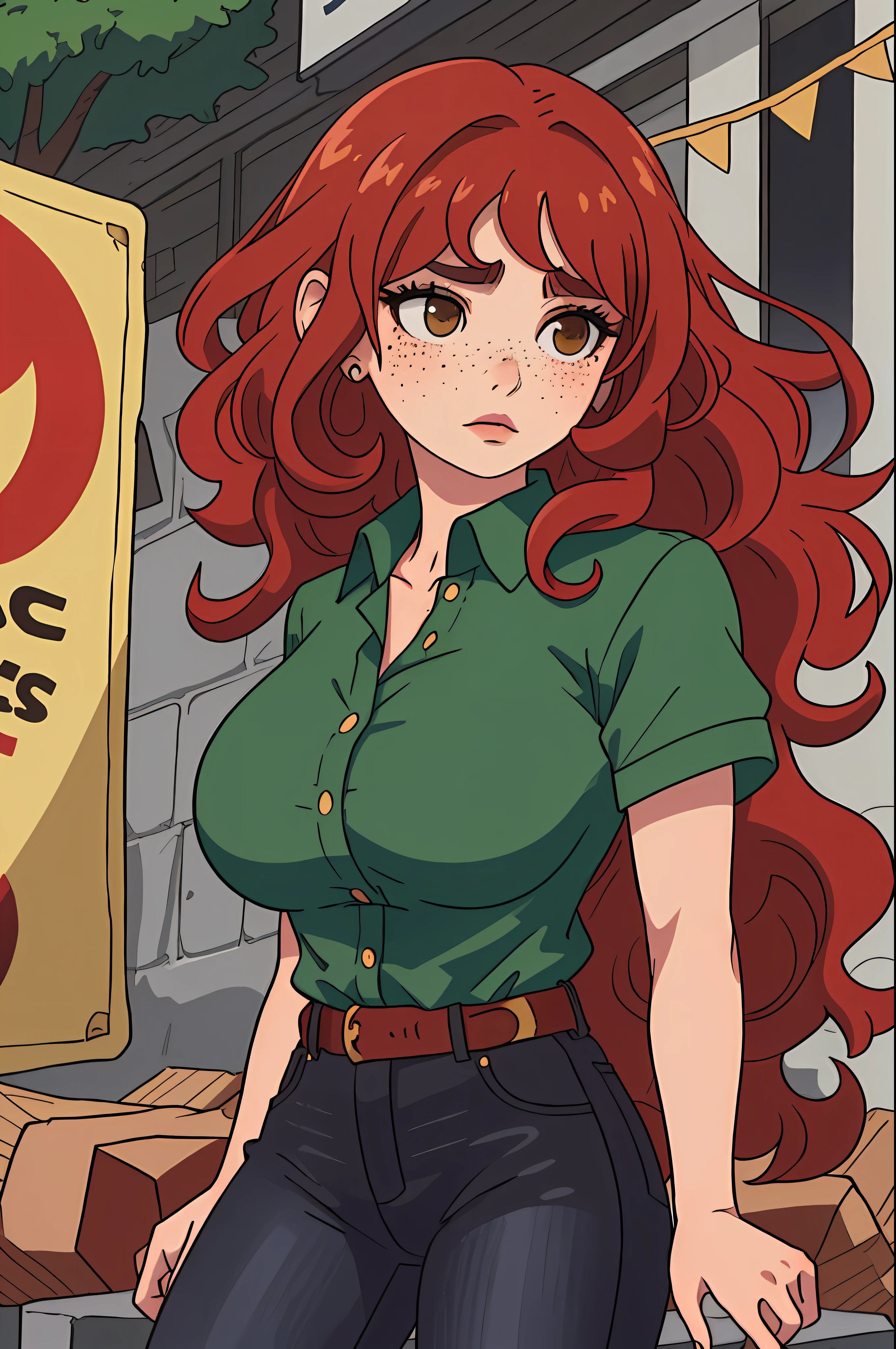 Anime art, a woman, red hair, brown eyes, curly hair, freckles on both cheeks, full lips, sympathetic look, fair skin, green dress shirt, black jeans, small construction, gigantic breasts