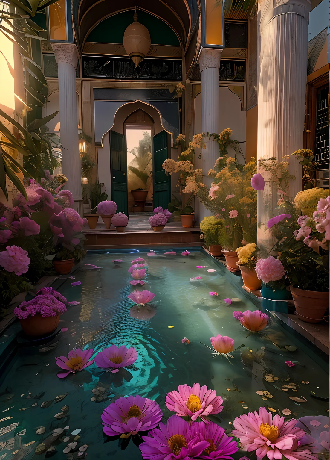 Roses, Rayons du soleil, Masterpiece, Best quality, ultra highres, .RAW, ((Riad)), Fontaine du Riad, marrakech, Bougeoirs marocains, Palmiers, opalescent, (Photoluminescence lights), Gemmes, ((bright flowers)), clair, Photo .Cinematic RAW, Hyper real photo, ultrarealistic, 8K UHD, DSLR, softlighting, High quality, grain du film, Fujifilm XT3, pictured on a Kodak Retina II Sanyo Xacti VPC-CA6, Objectif 50mm, Grand angle, Hdr, hyper-realistic, colourfull, volumeric lighting, [volumetric fog, humide], faible profondeur de champ, reflections, photo, (sparkling) splashing, luisant, (iridescent), Lueur, Cristaux, mystique, enchanteur, Brillant, Maroc, exotique, (Masterpiece) (Best quality) (Detailed) (8k) (Hdr) (wallpaper) (lighting cinematic) (mise au point nette) (complexe), Amazigh, cour