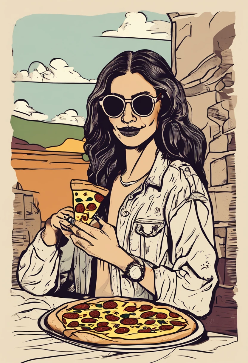 a woman in sunglasses holding a slice of pizza in her hand, Estilo Mona Lisa, with sunglasses, inspirado em Leonard Long, !!without glasses, negative no not mona lisa pose, ao ar livre, mean smirk, inspirado em Mona Moore, arte da camisa, Krystal, osso a osso, Popart, with sun glasses, Comer, adolescente, sol brilha, hippie recortar em volta dela, remova os escritos e tudo da cor amarela, in illustration style digital, estilo de arte impressionante, trending on artstration, Cartoon style illustration, fanart homem urbano, estilo de arte dos desenhos animados, stylized digital illustration, illustration art, arte dos desenhos animados, arte dos desenhos animados, pelo branco e pele escura, arte digital detalhada bonito, matte digital illustration, chiqueiro arte bonito