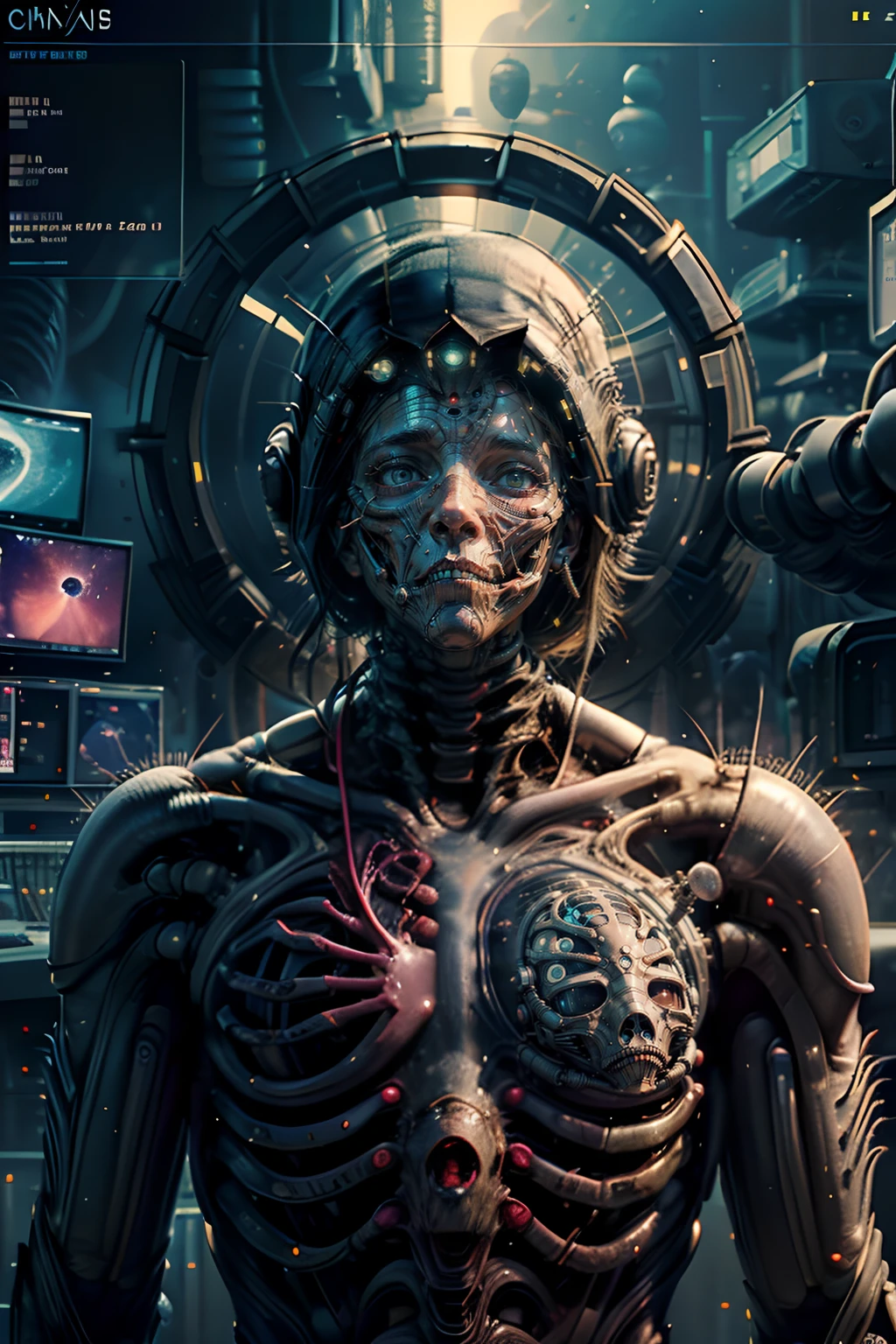 Fantasy (Technical Diagram), Info graphic, Chart of A Cosmic (Anatomical) Beautiful Alien Cyberpunk Android head, Info Graphic, Scientific, (Data Diagram), Nervous System, Galaxy, Radioactive Colors, Midnight Aura, Ultra Detailed, (((H.R. Giger))), Max Ernst, Thomas Kinkade, Robert Gonsalves, Dark Galaxy Background, dynamic pose.