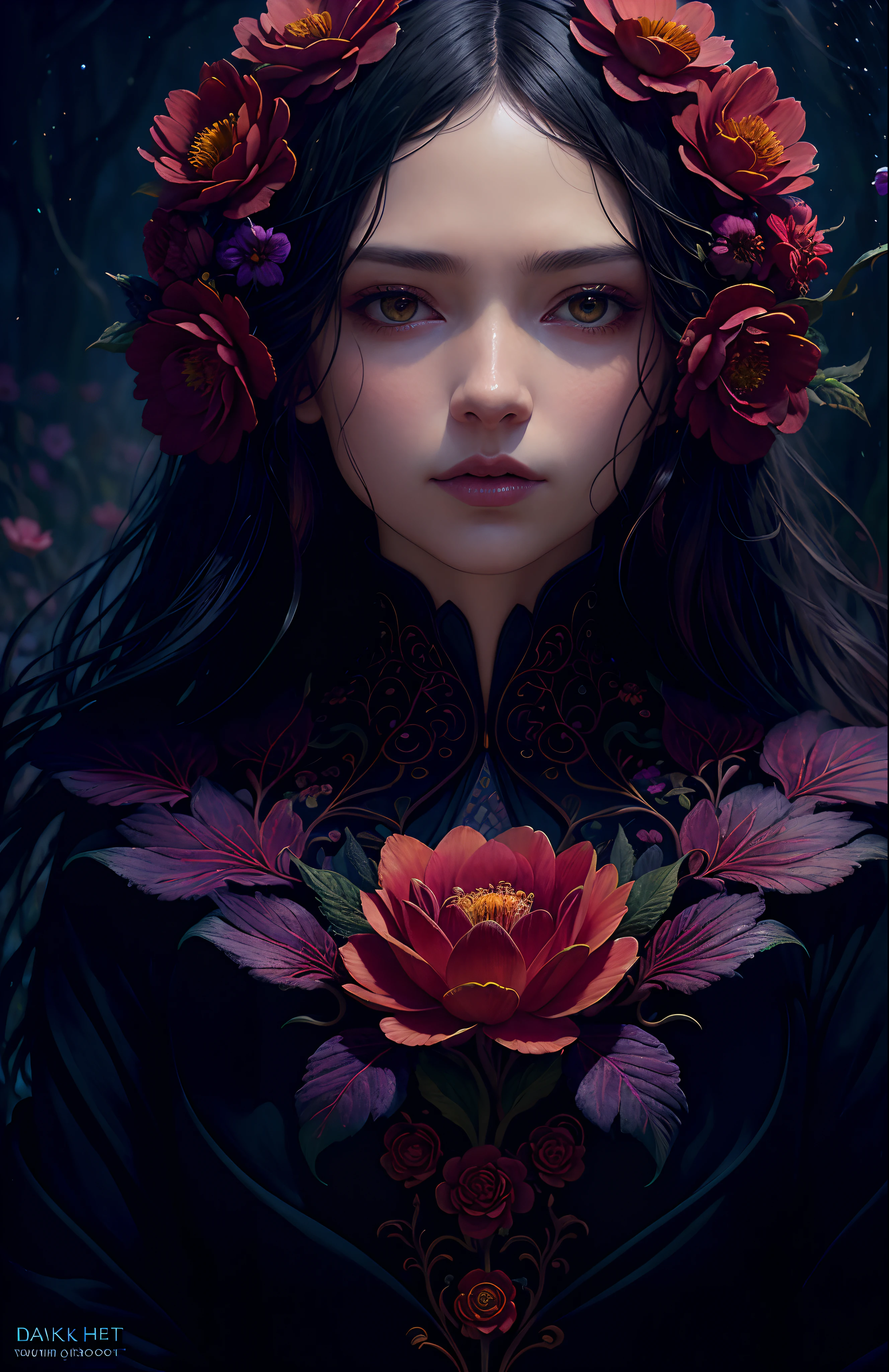 A flower by Casey Weldon, Olga Kvasha, Miho Hirano, deep color, fantastical, intricate detail, splash screen, complementary colors, fantasy concept art, 8k resolution, gothic deviantart masterpiece, (dark shot:1.4), art by greg rutkowski and artgerm, soft cinematic light, adobe lightroom, photolab, hdr, intricate, highly detailed, (depth of field:1.4)