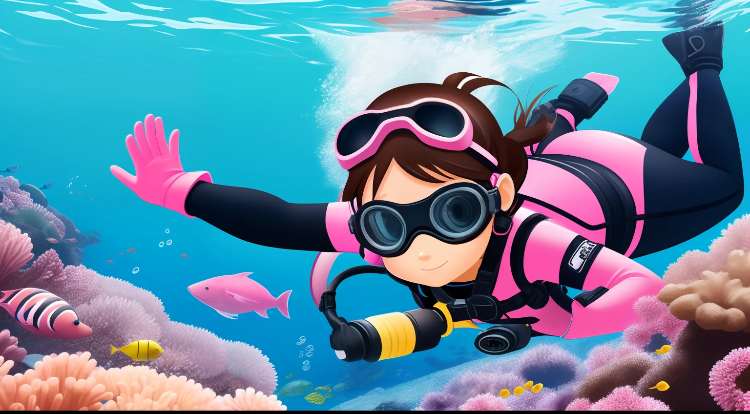 "Rear view, a 5-year-old girl floating on her back in the deep sea, brown hair, goggles, pink diving suit, diving gloves, diving shoes, 2D illustration style."