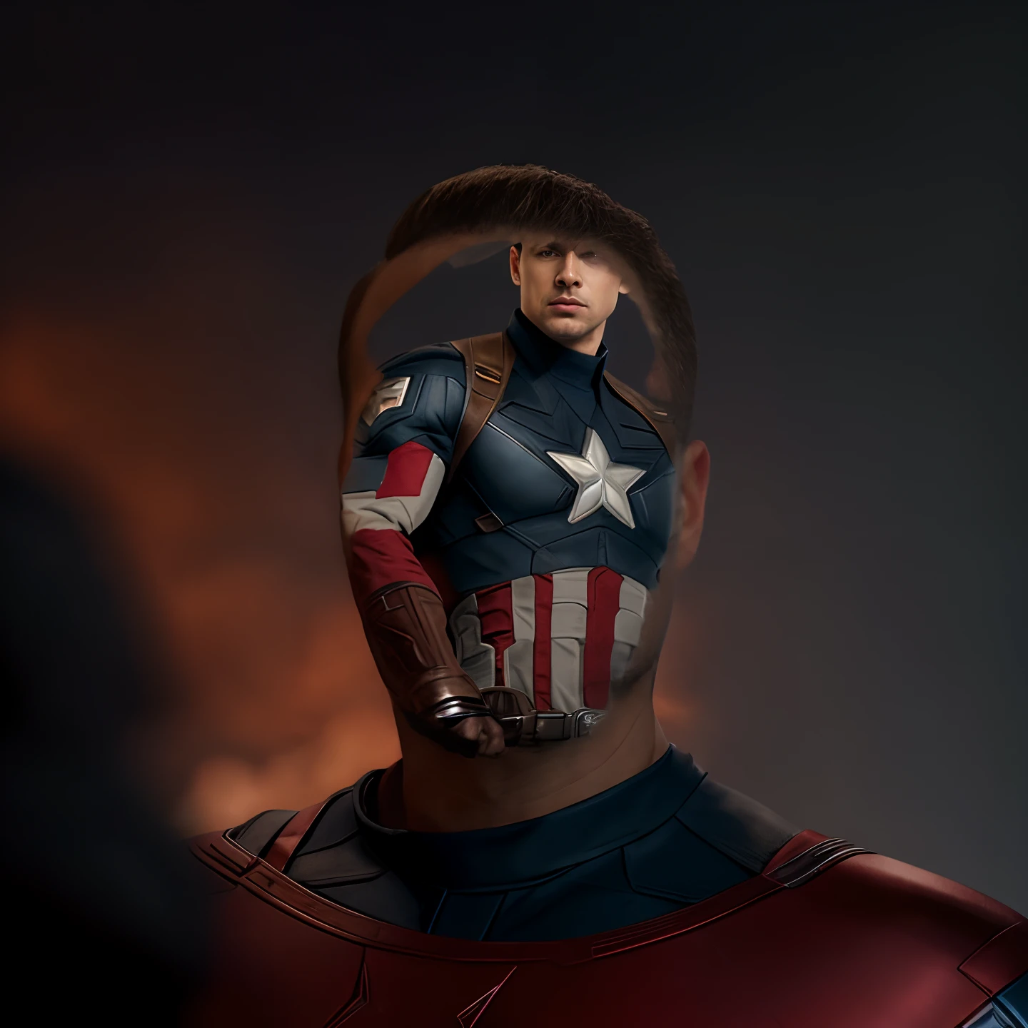 dynamic, action-packed illustration of Captain America posing in the middle of a fierce battle. Show Captain America in a heroic and powerful posture, exuding strength and determination. Picture him in his iconic red, Branco, e traje azul, with the starry shield raised in one hand. Surround it with chaos and destruction, showing the intensity of the battle with explosions, escombros, and enemy forces. Use dynamic pose and dynamic lighting to improve the sense of movement and energy in the scene. Pay attention to details like Captain America's expression, definition muscular, e a textura de seu figurino. Geral, create a visually stunning and adrenaline-filled portrait of Captain America in the middle of battle.