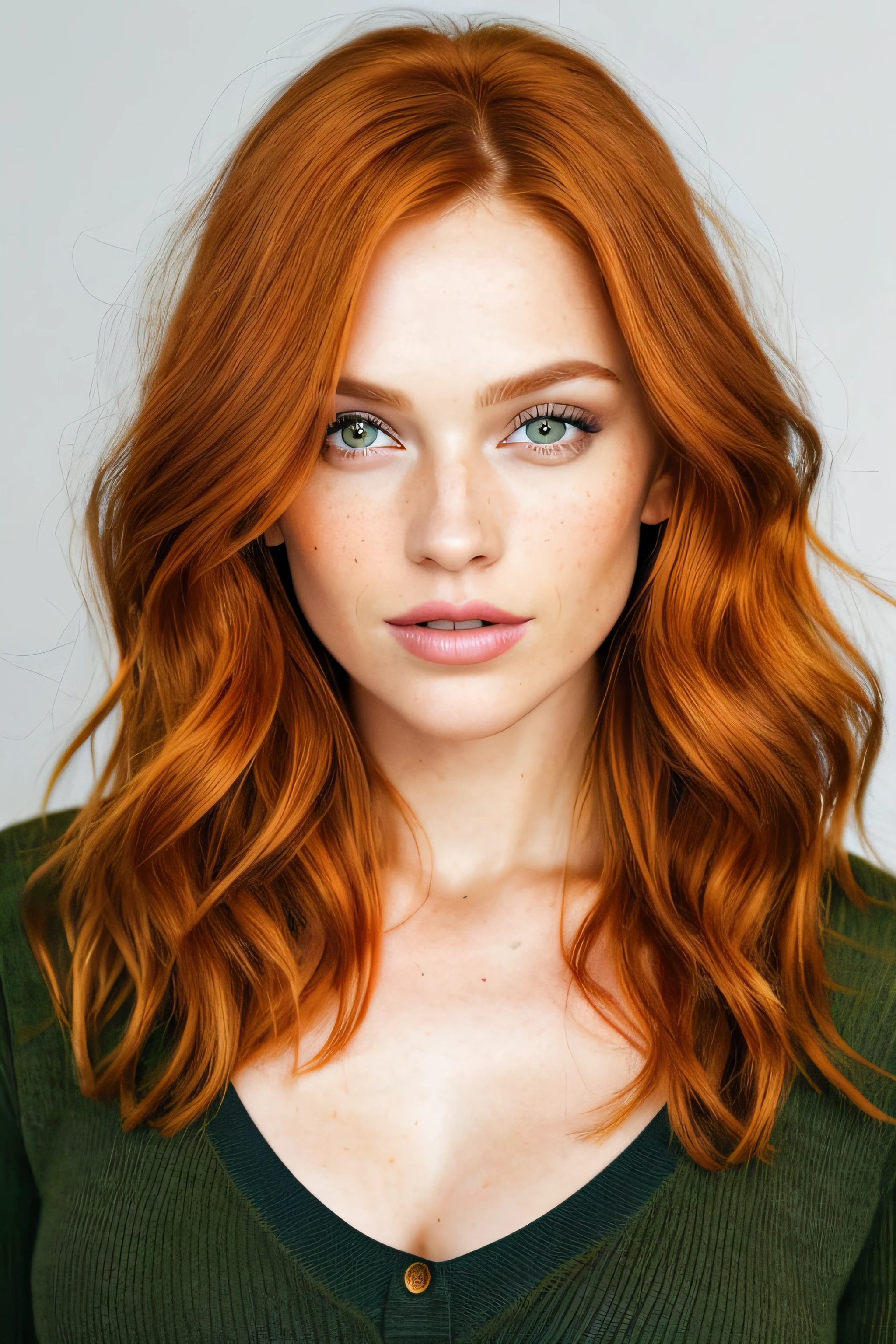 (medium shot editorial photo of 35 yo gorgeous super model woman, ginger hair, slim American sweetheart), (freckles:0.8), (lips parted), realistic green eyes, POV, realistic[:, (film grain, 25mm, f/1.2, dof, bokeh, beautiful symmetrical face, perfect sparkling eyes, well defined pupils, high contrast eyes, ultra detailed skin, skin pores, vellus hair, fabric stitching, fabric texture, wood grain, stone texture, finely detailed features:1):0.9]