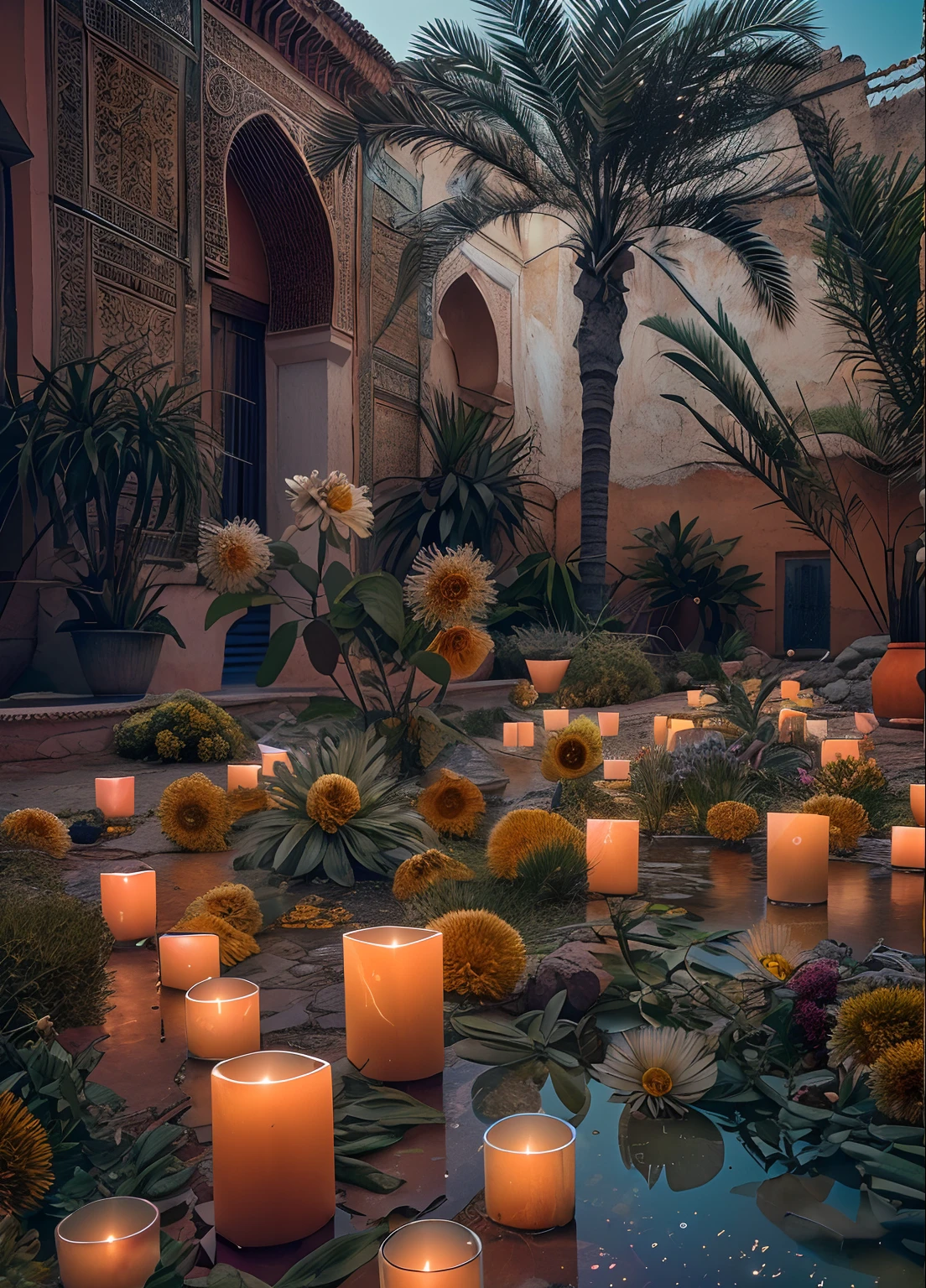Roses, Rayons du soleil, Masterpiece, Best quality, ultra highres, .RAW, ((Riad)), Fontaine du Riad, marrakech, Bougeoirs marocains, Palmiers, opalescent, (Photoluminescence lights), Gemmes, ((bright flowers)), clair, Photo .Cinematic RAW, Hyper real photo, ultrarealistic, 8K UHD, DSLR, softlighting, High quality, grain du film, Fujifilm XT3, pictured on a Kodak Retina II Sanyo Xacti VPC-CA6, Objectif 50mm, Grand angle, Hdr, hyper-realistic, colourfull, volumeric lighting, [volumetric fog, humide], faible profondeur de champ, reflections, photo, (sparkling) splashing, luisant, (iridescent), Lueur, Cristaux, mystique, enchanteur, Brillant, Maroc, exotique, (Masterpiece) (Best quality) (Detailed) (8k) (Hdr) (wallpaper) (lighting cinematic) (mise au point nette) (complexe), Amazigh, cour
