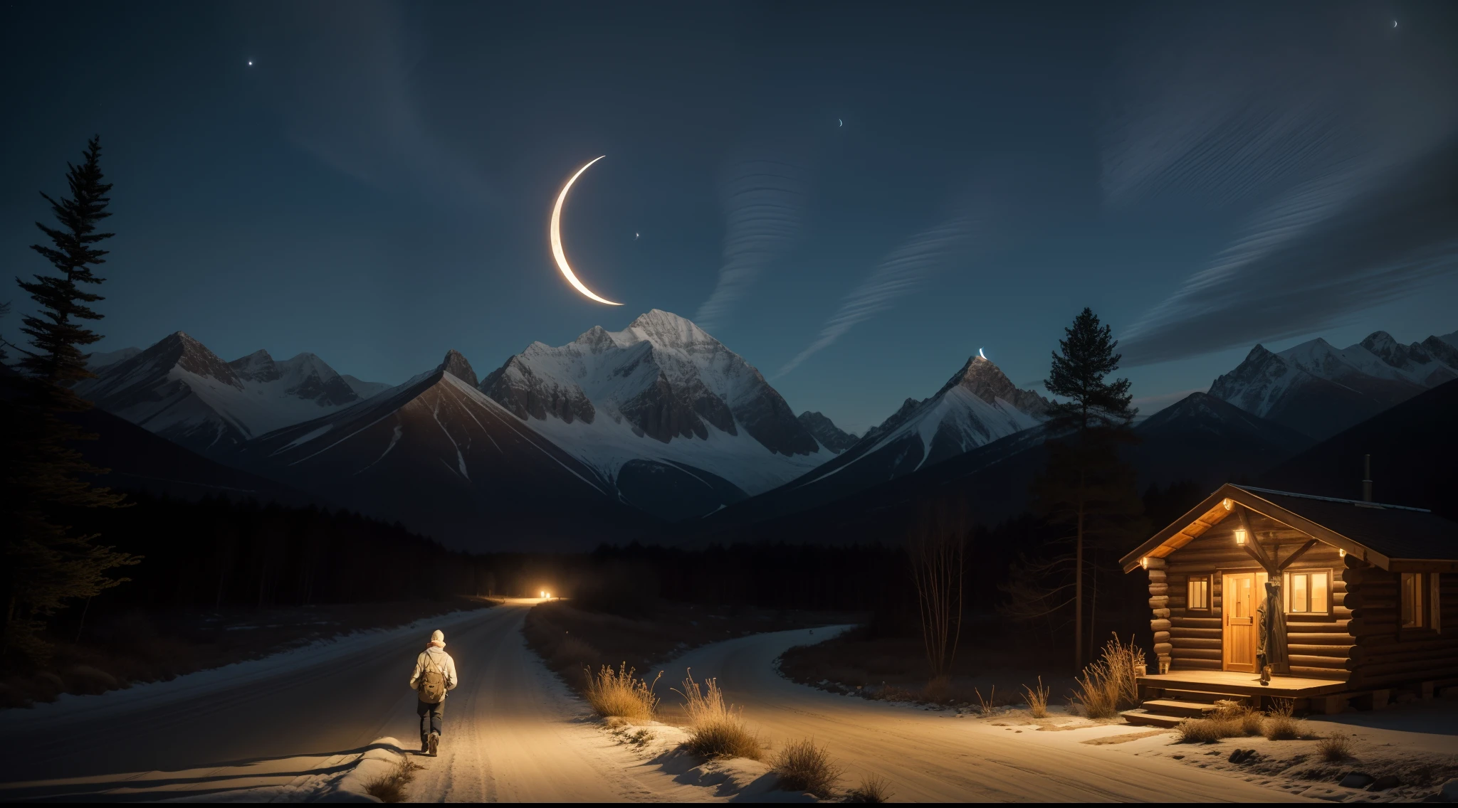 a serene nighttime setting in the countryside, where a lone figure is walking along a dirt road. The individual, with a backpack, is moving away from the camera, creating a feeling of solitude. The sky above is dark and enchanting, with a crescent moon casting a soft glow. In the distance, a mountain range and a dense forest provide a serene backdrop. A rustic wooden cabin, adorned with lights, stands peacefully in the background. The scene is further enriched by a flock of birds soaring gracefully through the dark sky.