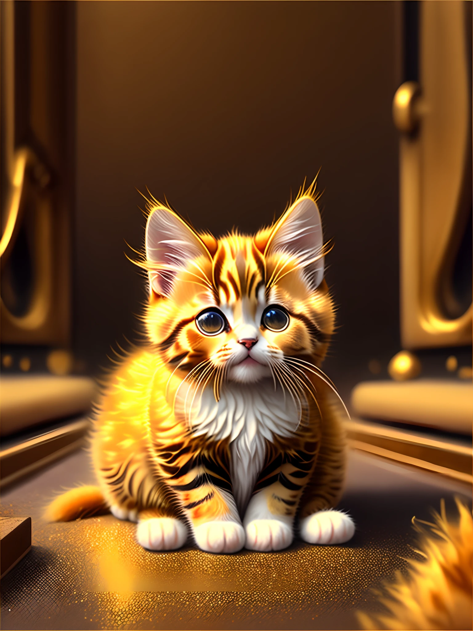 The kitten was covered in golden fur,Sparkling,It looks like it's just rubbed with oil。