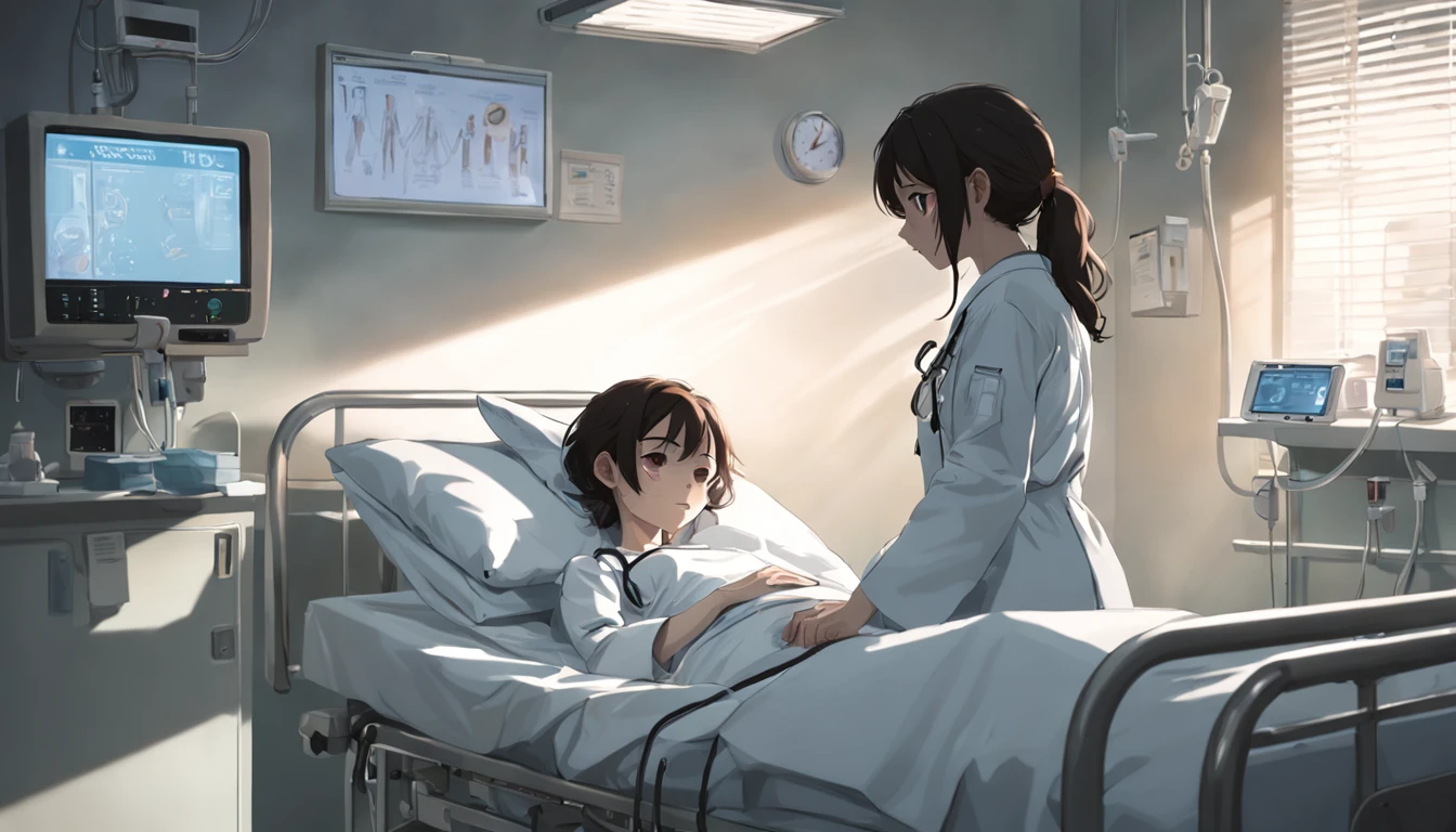Environment:
A sterile hospital room, softly lit with the glow of monitors. Pale curtains filter in subdued sunlight, casting a warm, tranquil hue on the stark walls.

Characters:

Protagonist (woman): Lying on a hospital bed, her expression a mixture of disbelief and resignation. A single tear glistens in her eye as she clutches a folded tissue in her hand.
Doctor: Standing by the bedside, their demeanor compassionate yet somber. They hold a clipboard with medical notes, offering words of empathy.
[Slide image of the protagonist lying on the hospital bed with the doctor standing beside her.]