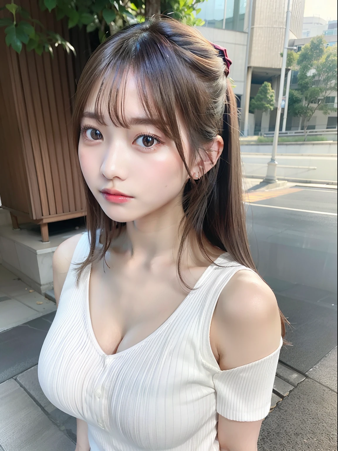 table top, highest quality, shape, Super detailed, finely, High resolution, 8k wallpaper, 完璧なダイナミックな構shape, beautiful and detailed eyes,medium hair,small breasts,natural color lip, bold sexy pose,smile,Harajuku、20 year old girl、cute、sexy shot looking at camera,Random costume changes(Trendy women's spring clothes),slim face and body