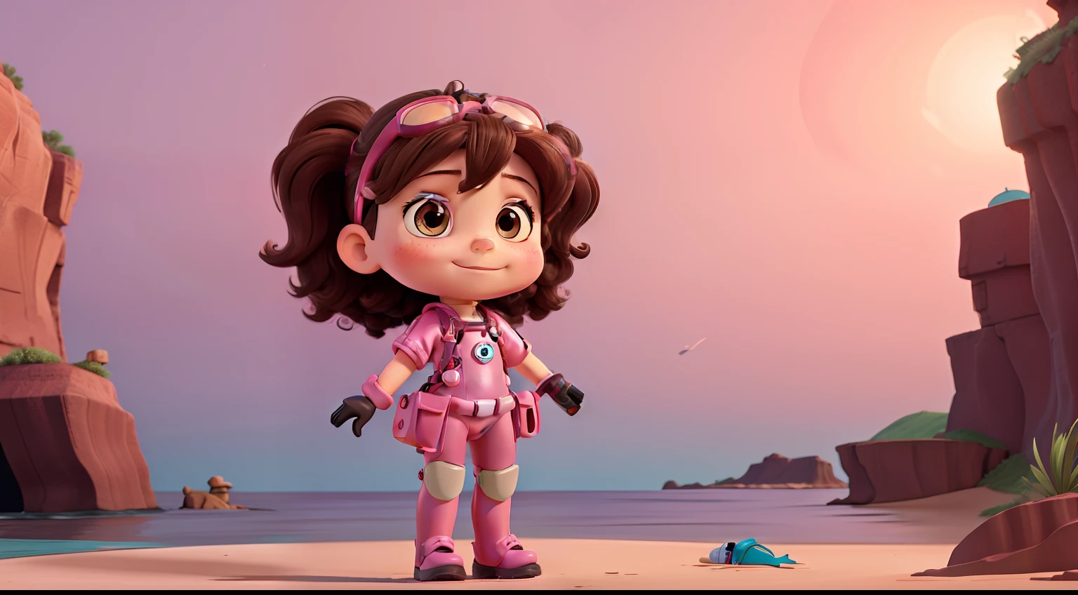 (pt) rear view, a 5-year-old girl floating on her back in the deep sea, brown hair, goggles, pink diving suit, diving gloves, diving shoes, 2D illustration style.