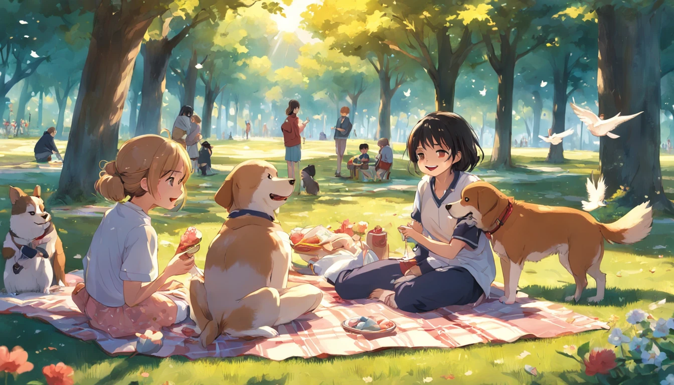 Environment:
A sunlit park filled with vibrant greenery. Blossoming flowers and chirping birds create an atmosphere of life and vitality. Picnic blankets are spread out, surrounded by family and friends engaged in laughter and conversation.

Characters:

Protagonist: Sitting on a blanket, surrounded by loved ones. Her smile radiates happiness as she holds her dog's leash, her faithful furry companion by her side.
Family and Friends: Engaging in various activities like playing catch, sharing food, and sharing heartfelt moments.
[Slide image of the protagonist surrounded by family and friends in a sunlit park.]