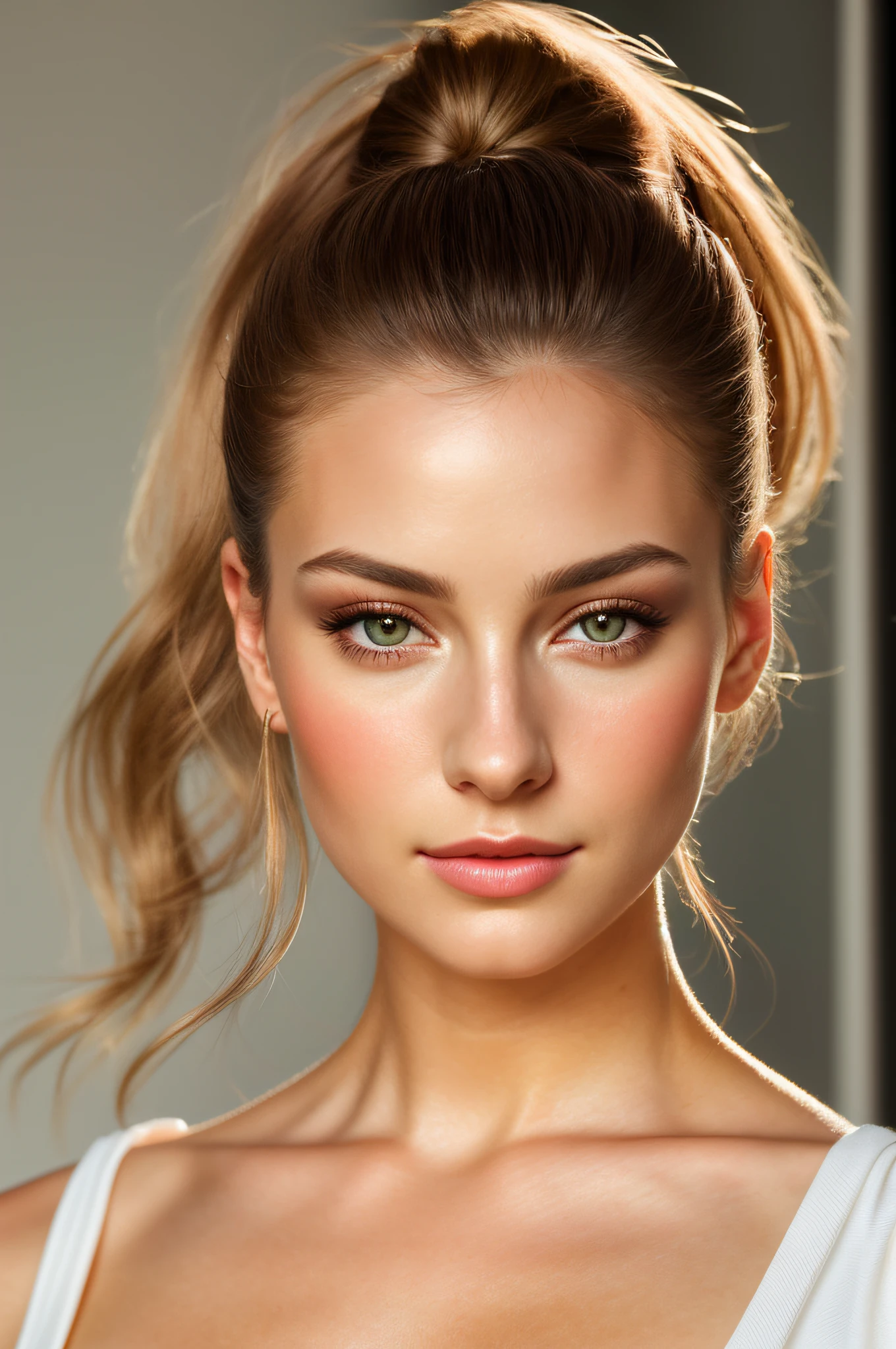color photograph, close-up, ((a realistic photo of a beautiful girl)), (milalc), light, ((glowy skin)), looking_at_viewer, (fit body:1.0), ((medium breasts)), high ponytail, detailed illustration, masterpiece, high quality, realistic, very detailed face,