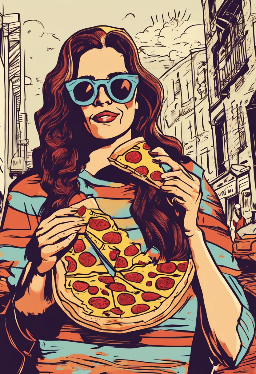 a woman in sunglasses holding a slice of pizza in her hand, proximo da boca, About to bite into a piece, recordando Mona Lisa, with sunglasses, wayfarer rayban inspirado em Leonard da vinci, !!ao ar livre, mean smirk, inspirado em Mona Moore, arte da camisa, Krystal, osso a osso, Popart, with sun glasses, Comer, adolescente, sol brilha, hippie recortar em volta dela, remova os escritos e tudo da cor amarela, in illustration style digital, estilo de arte impressionante, trending on artstration, Cartoon style illustration, fanart homem urbano, estilo de arte dos desenhos animados, stylized digital illustration, illustration art, arte dos desenhos animados, arte dos desenhos animados, pelo branco e pele escura, arte digital detalhada bonito, matte digital illustration, chiqueiro arte bonito, hipster