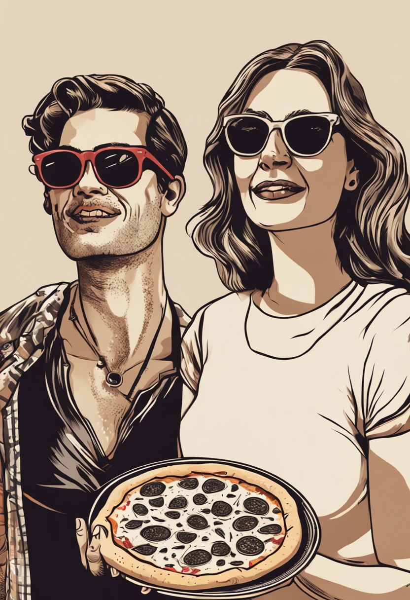 a woman in sunglasses holding a slice of pizza in her hand, proximo da boca, About to bite into a piece, recordando Mona Lisa, with sunglasses, wayfarer rayban inspirado em Leonard da vinci, !!ao ar livre, mean smirk, inspirado em Mona Moore, arte da camisa, Krystal, osso a osso, Popart, with sun glasses, Comer, adolescente, sol brilha, hippie recortar em volta dela, remova os escritos e tudo da cor amarela, in illustration style digital, estilo de arte impressionante, trending on artstration, Cartoon style illustration, fanart homem urbano, estilo de arte dos desenhos animados, stylized digital illustration, illustration art, arte dos desenhos animados, arte dos desenhos animados, pelo branco e pele escura, arte digital detalhada bonito, matte digital illustration, chiqueiro arte bonito, hipster