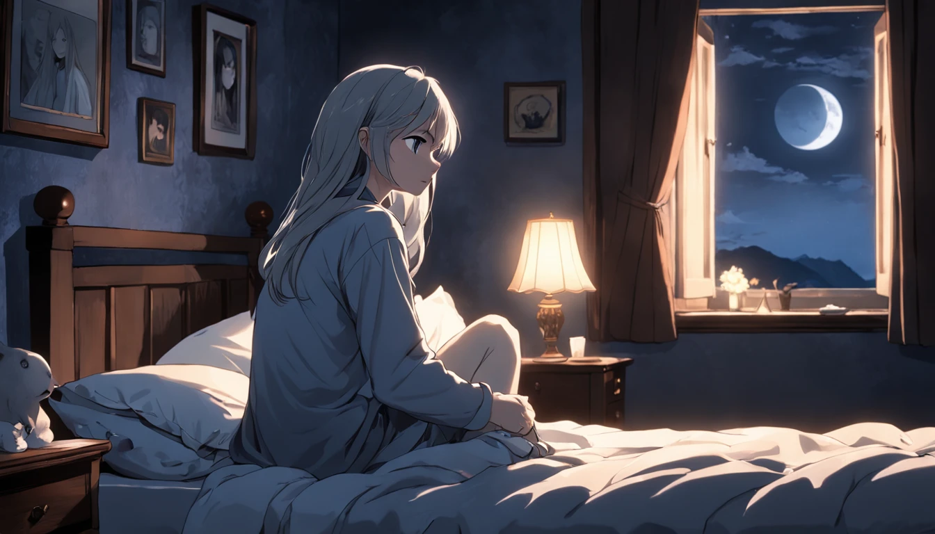 Environment:
A dimly lit bedroom, moonlight casting a silver glow through the window. The protagonist sits on the edge of her bed, deep in thought. Photographs of cherished memories are framed on the walls.

Characters:

Protagonist: Staring out the window, her expression a mix of sadness and trepidation. Her hands clench the edge of the bedspread, showcasing her inner turmoil.
[Slide image of the protagonist sitting on her bed, staring out the moonlit window.]