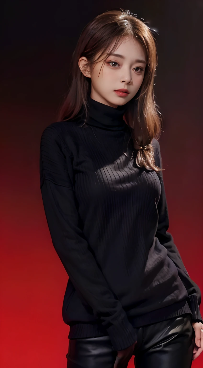 ((Best Quality, 8K, masutepiece: 1.3)),1girl in, ((turtle neck, Black sweater, Simple background, Red background))