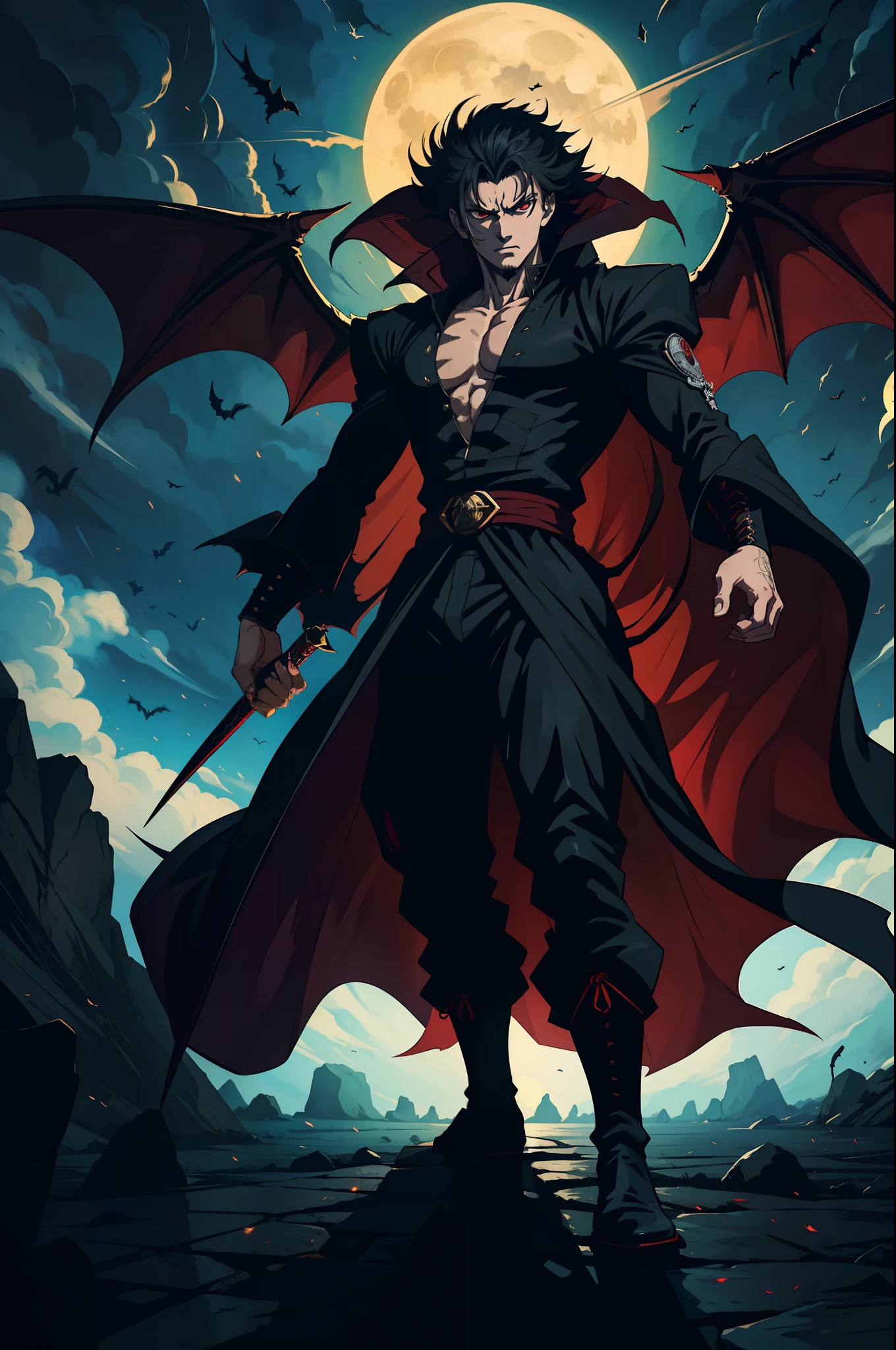"Stable Diffusion: Full body portrait of Dracul Mihawk in the dark and ominous style of Boichi's Sun-Ken Rock, with intense detailing and a captivating atmosphere that perfectly embodies the essence of the character (ultra detailed, Masterpiece, best quality) (( FULL BODY SHOT))
