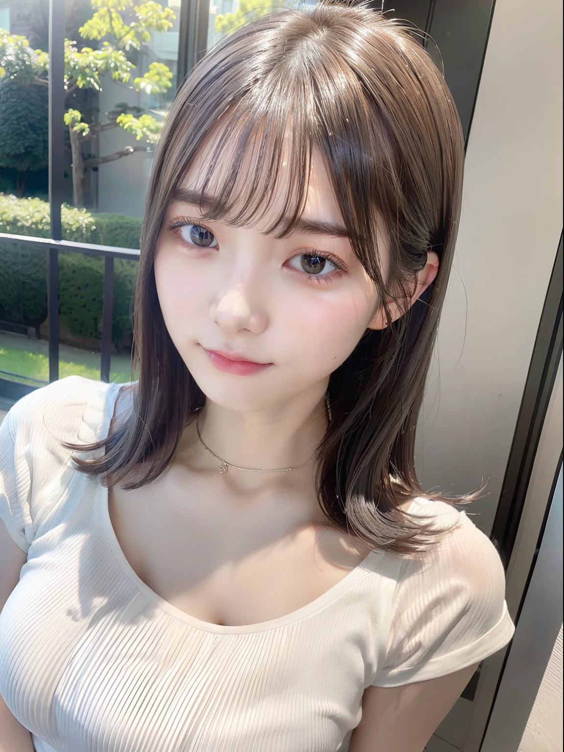 ((top-quality、8K、masterpiece:1.5))、One girl、(Unhealthy face)、(Letter to)、Blunt bangs、(Lots of bangs:1.3)、(full body Esbian:1.4)、(Symmetrical face)、hyperdetailed face、Ultra detailed mouth、A detailed eye、Detailed ears、Slim Faces、(selfee:1.3)、(off shoulders)、(Armpit)、(Looking Up)、(From above)、(Straight long hair、Ahoge:1.3)、(Upper Eyes)、the background is blurred、(Sheer shirt:1.3)、(I can see the cleavage:1.1)、lipgloss、(Beauty Salon)、(turning off lights)、