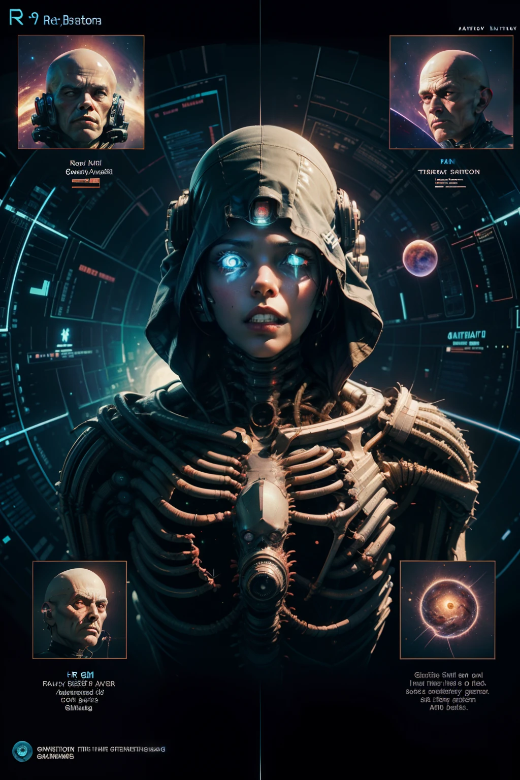 Fantasy Technical Diagram, Info graphic, Chart of A Cosmic Anatomical Beautiful Alien Cyberpunk Android head, Info Graphic, Scientific, Data Diagram, Nervous System, Galaxy, Radioactive Colors, Midnight Aura, Ultra Detailed, ((H.R. Giger)), Max Ernst, Thomas Kinkade, Robert Gonsalves, Dark Galaxy Background.