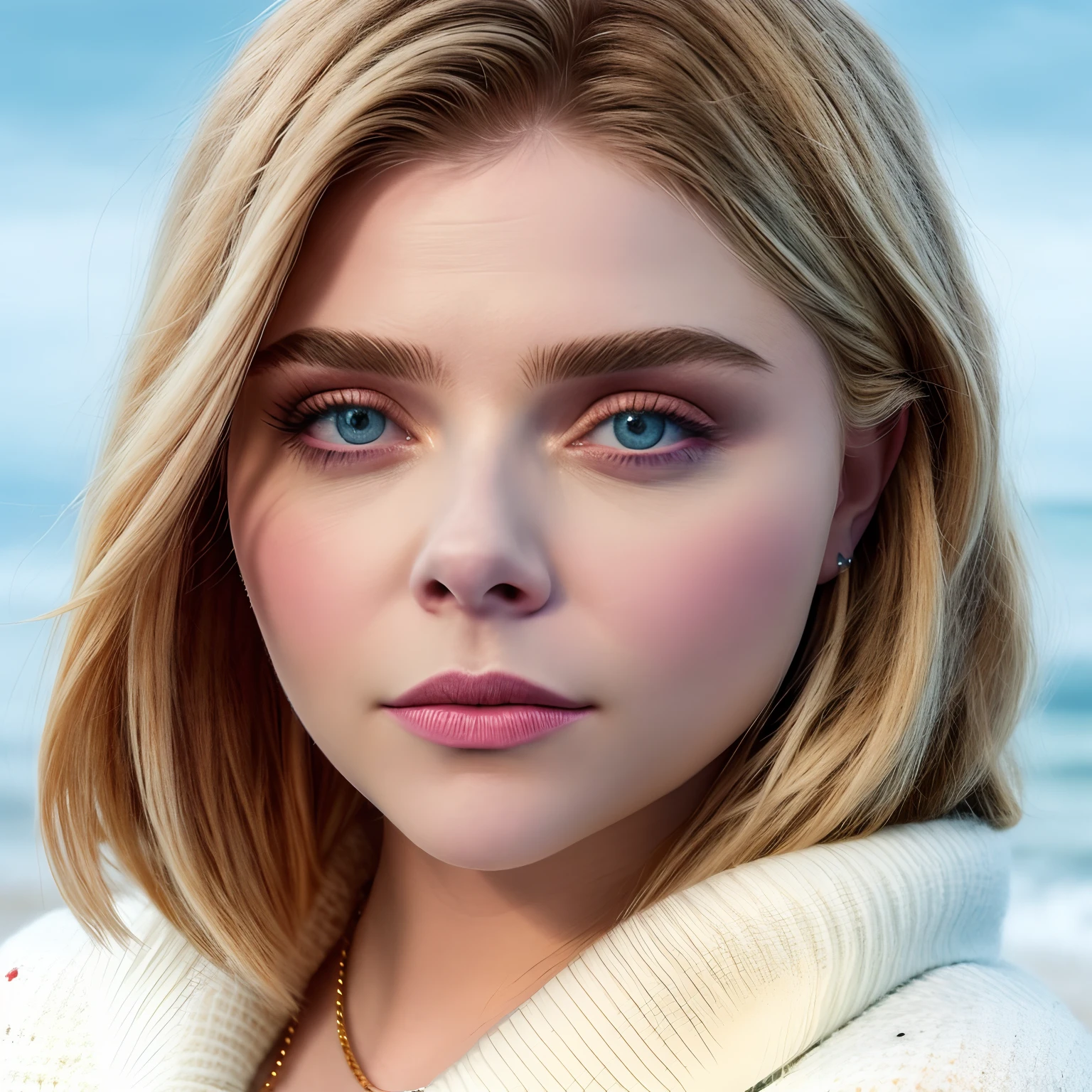 A stunning Chloë Grace Moretz on the beach at midnight, in a white knitted sweater, bleich, Wellen im Hintergrund, Dunkle Nacht, [Atemberaubende Augen], (close up), Perfektes Gesicht, ....RAW, 8K UHD, sehr kurzer Haarschnitt