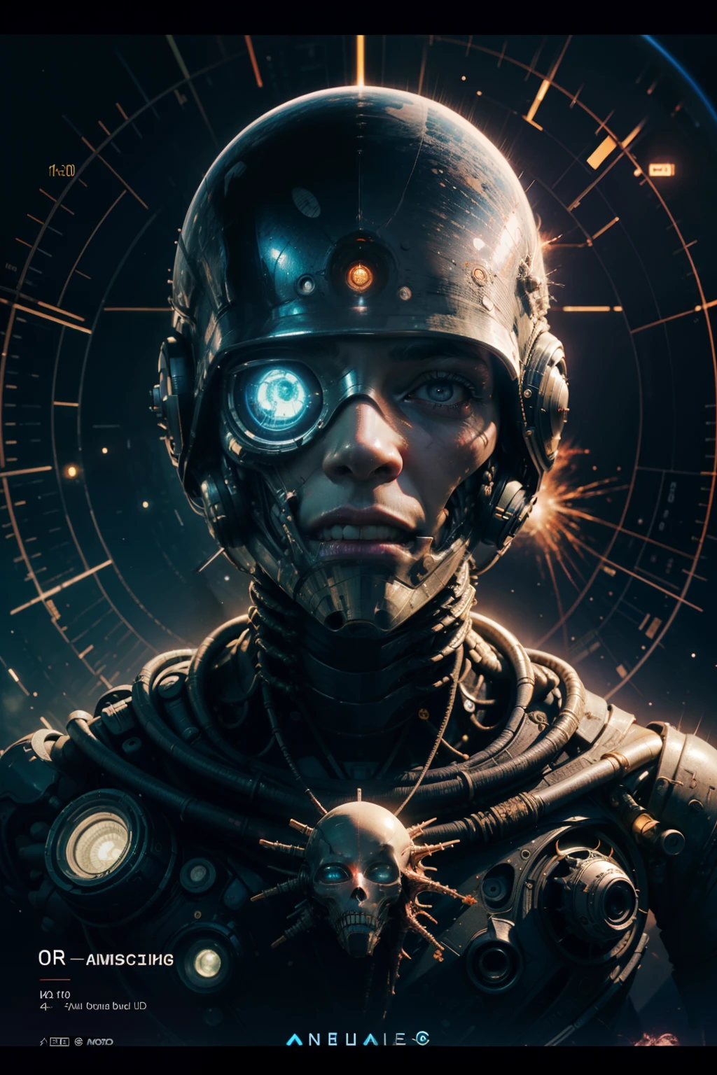 Fantasy (Technical Diagram), Info graphic, Chart of A Cosmic (Anatomical) Beautiful Alien Cyberpunk Android head, Info Graphic, Scientific, (Data Diagram), Nervous System, Galaxy, Radioactive Colors, Midnight Aura, Ultra Detailed, (((H.R. Giger))), Max Ernst, Thomas Kinkade, Robert Gonsalves, Dark Galaxy Background, dynamic pose.