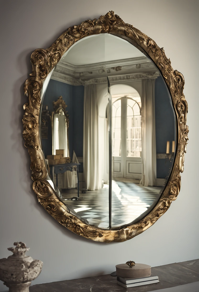Capture the magical and enigmatic aura of an ancestral mansion by presenting a magical mirror inside. This mirror has an ethereal glow, reflecting not only the image of those who observe it, but also glimpses of the past and glimpses of the future. The surrounding walls are shrouded in soft shadows, enquanto feixes de luz dourada penetram pelas janelas empoeiradas, highlighting the mirror as the magnetic center of the room. Convey the feeling that the mirror holds ancient secrets and unknown mysteries, inviting viewers to imagine the infinite possibilities it contains."
