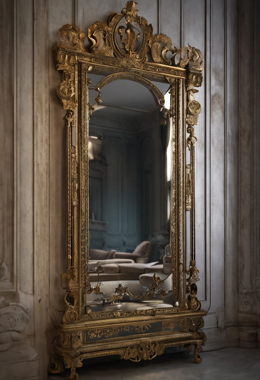 Capture the magical and enigmatic aura of an ancestral mansion by presenting a magical mirror inside. This mirror has an ethereal glow, reflecting not only the image of those who observe it, but also glimpses of the past and glimpses of the future. The surrounding walls are shrouded in soft shadows, enquanto feixes de luz dourada penetram pelas janelas empoeiradas, highlighting the mirror as the magnetic center of the room. Convey the feeling that the mirror holds ancient secrets and unknown mysteries, inviting viewers to imagine the infinite possibilities it contains."