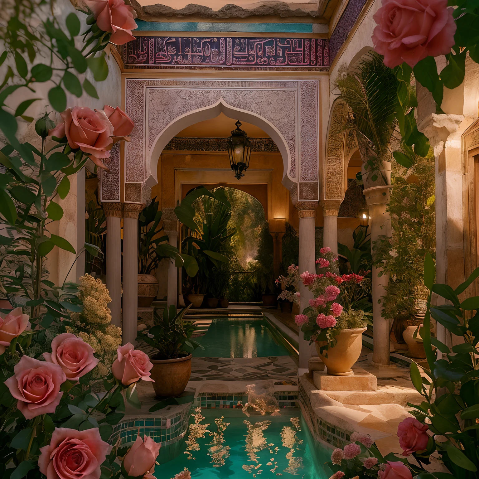 dark pink roses, Rayons du soleil, Masterpiece, Best quality, ultra highres, .RAW, ((Riad)), ((Piscine du riad)), Fountain of the riad splashes, marrakech, Bougeoirs marocains, Palmiers, Opalescent lights, (Eau de photoluminescence), Gemmes, ((bright flowers)), clair, Photo .Cinematic RAW, Hyper real photo, ultrarealistic, 8K UHD, DSLR, softlighting, High quality, grain du film, Fujifilm XT3, pictured on a Kodak Retina II Sanyo Xacti VPC-CA6, Objectif 50mm, Grand angle, Hdr, hyper-realistic, colourfull, volumeric lighting, [volumetric fog, humide], faible profondeur de champ, reflections, photo, (sparkling) splashing, luisant, (iridescent), Lueur, Vapeur de cristal, chatoyant, mystique, enchanteur, Brillant, Maroc, exotique, (Masterpiece) (Best quality) (Detailed) (8k) (Hdr) (wallpaper) (lighting cinematic) (mise au point nette) (complexe), Amazigh, cour, Romantique