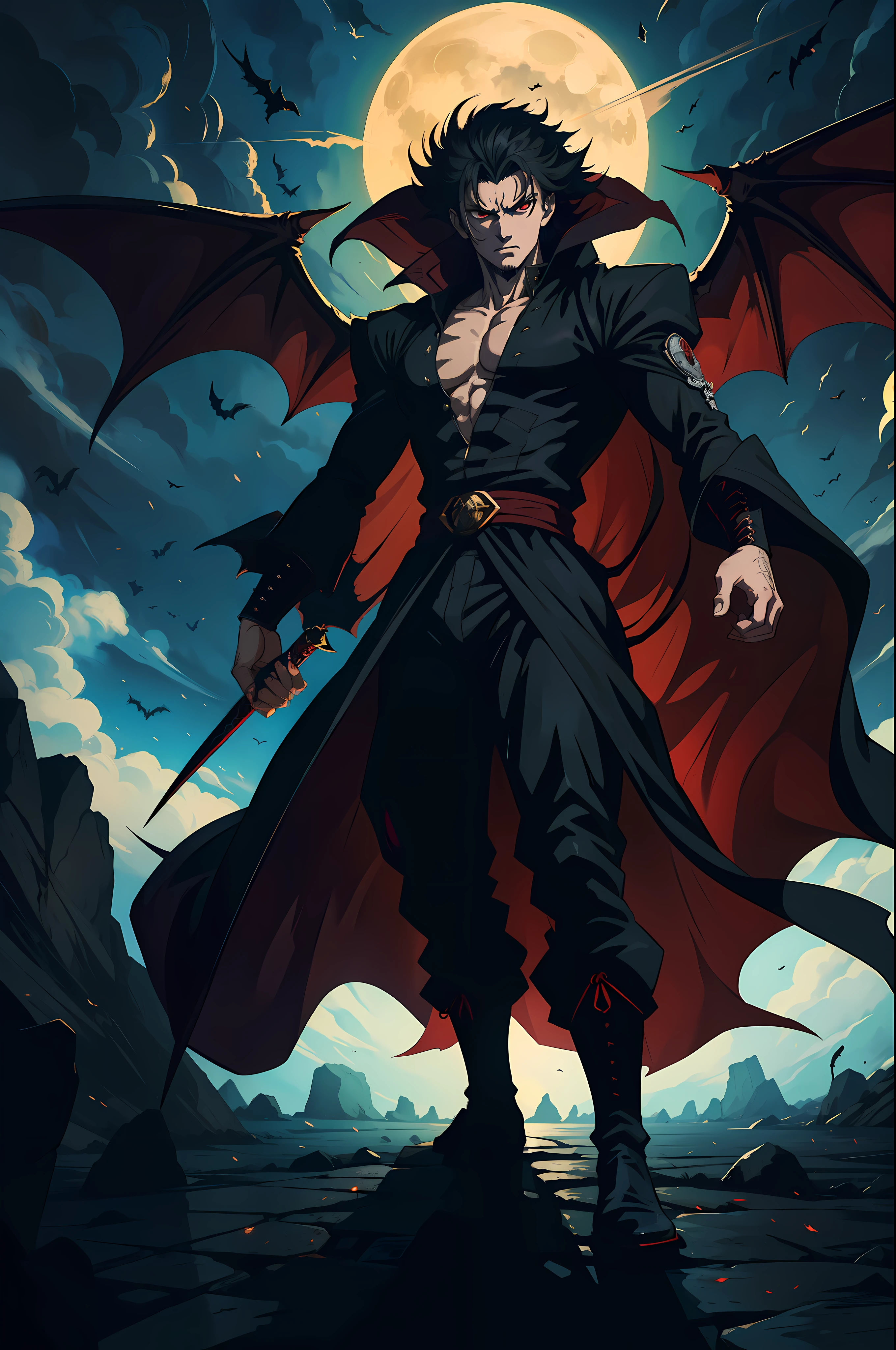 "Stable Diffusion: Full body portrait of Dracul Mihawk in the dark and ominous style of Boichi's Sun-Ken Rock, with intense detailing and a captivating atmosphere that perfectly embodies the essence of the character (ultra detailed, Masterpiece, best quality) (( FULL BODY SHOT))
