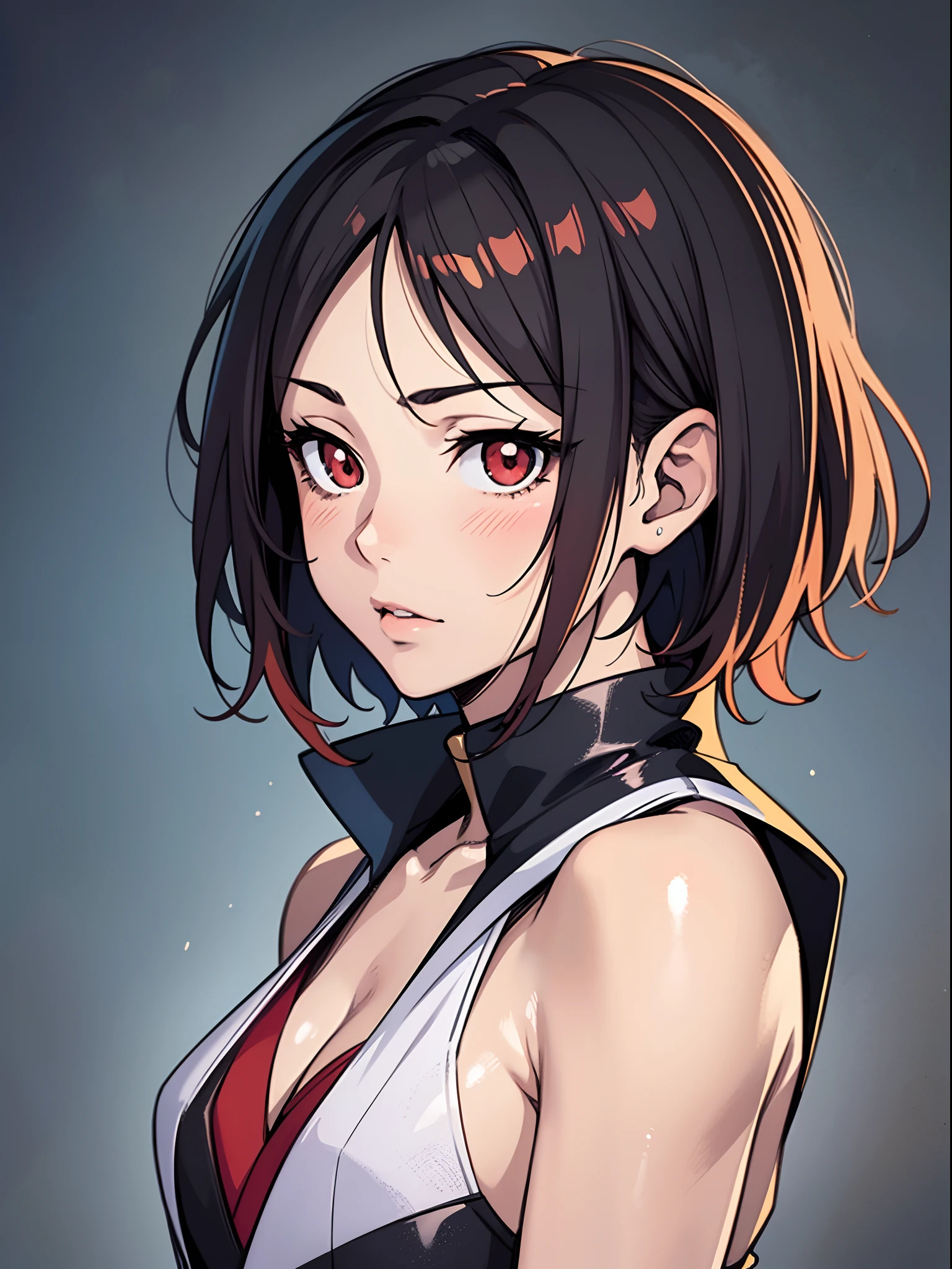 hews style,1girl,solo, upper body,looking at viewer, white background, bob cut, short hair, multicolored hair, makeup , parted lips, red lips, eyeliner,<lora:hews_style:1>