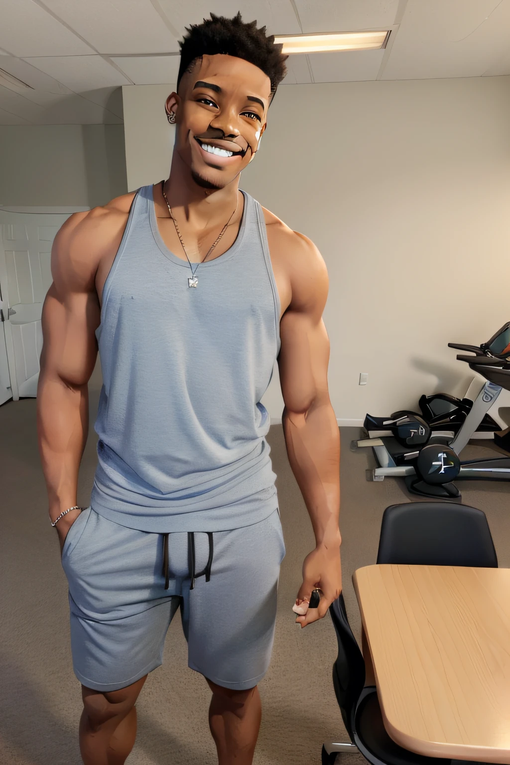 High quality fingers, normal hands, detailed fingers, masterpiece, (realistic, photo-realistic:1.37), (22 years old black man). Mack is a hot 22 year old senior at the University of Wisconsin. A hot black guy, standing 6'3" and weighing 200 pounds with an easy smile and neatly cropped hair, Mack always smiles and flirts with a cute grin. He is a light-skinned black guy who is thin but athletic, with nicely-toned legs and deep brown eyes. Mack usually goes to the gym before class, so he always sits in the front row of class wearing a white tank top, gray sweatpants and athletic sneakers. He has a nice sized bulge in his sweatpants.