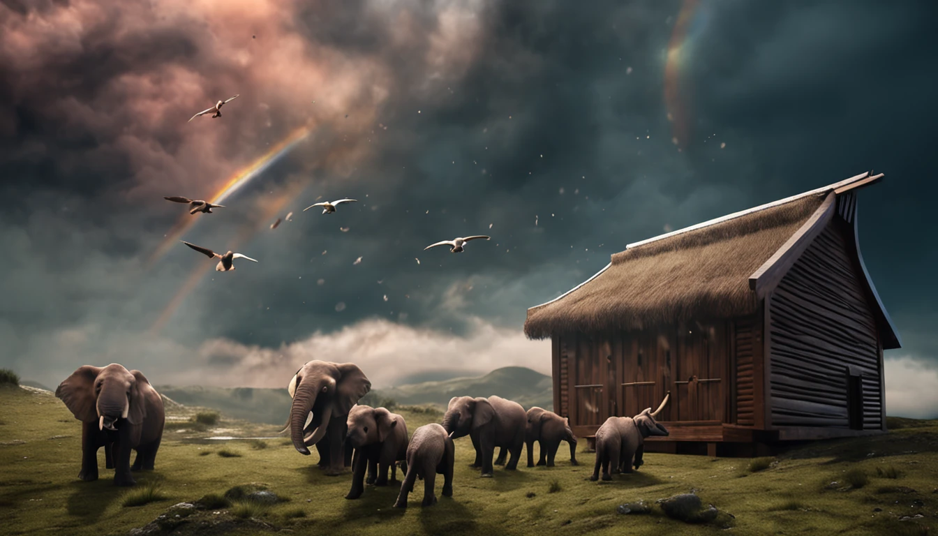 closeup on Noah next to the ark, Dark sky and many animals around the ark, ultrarrealista |