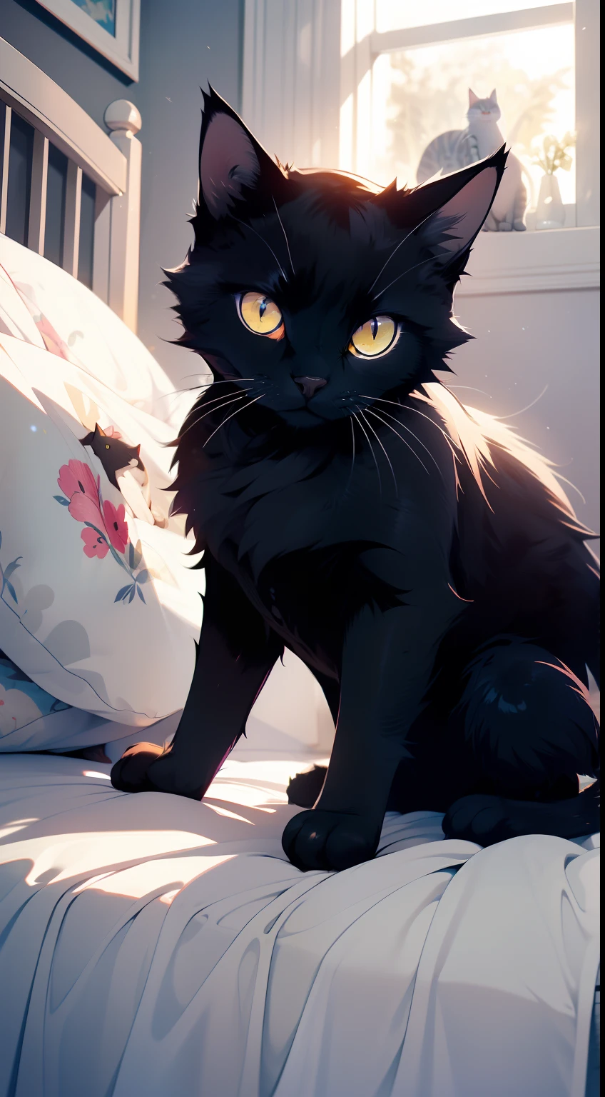 a cat laying in the bed, from side, cute, funny, cozy,4 paws, (masterpiece), best quality, ((cat)), no_humans, animal, furr, cat focus, cat, morning, cozy, calm, serene, tranquil,