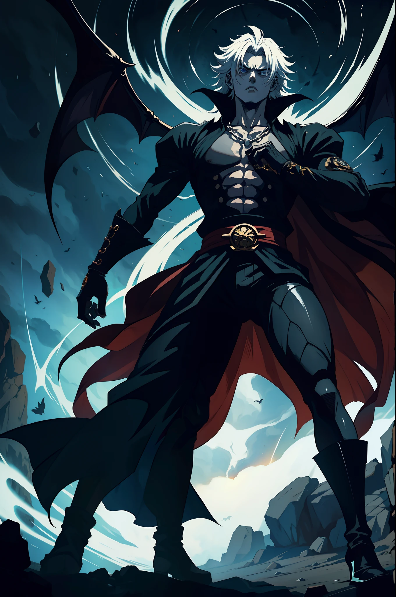 "Stable Diffusion: Full body portrait of Dracul Mihawk in the dark and ominous style of Boichi's Sun-Ken Rock, with intense detailing and a captivating atmosphere that perfectly embodies the essence of the character (ultra detailed, Masterpiece, best quality) (( FULL BODY SHOT))